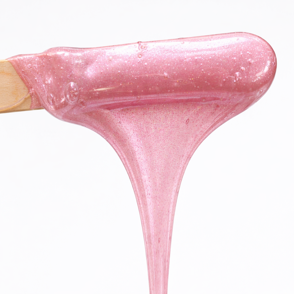 Pink wax on a wooden stick for full body wax services