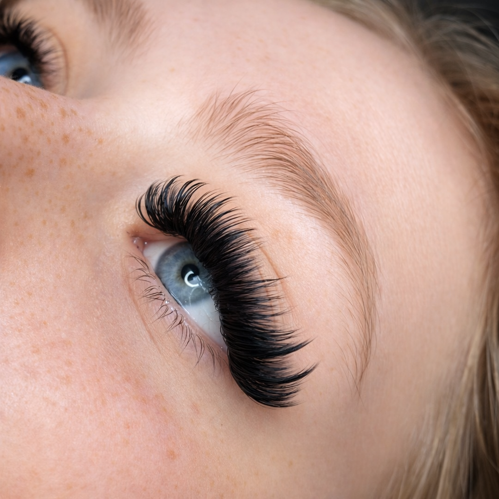 Close-up of a woman's eye with long, thick black eyelash extensions and light blue eye color.