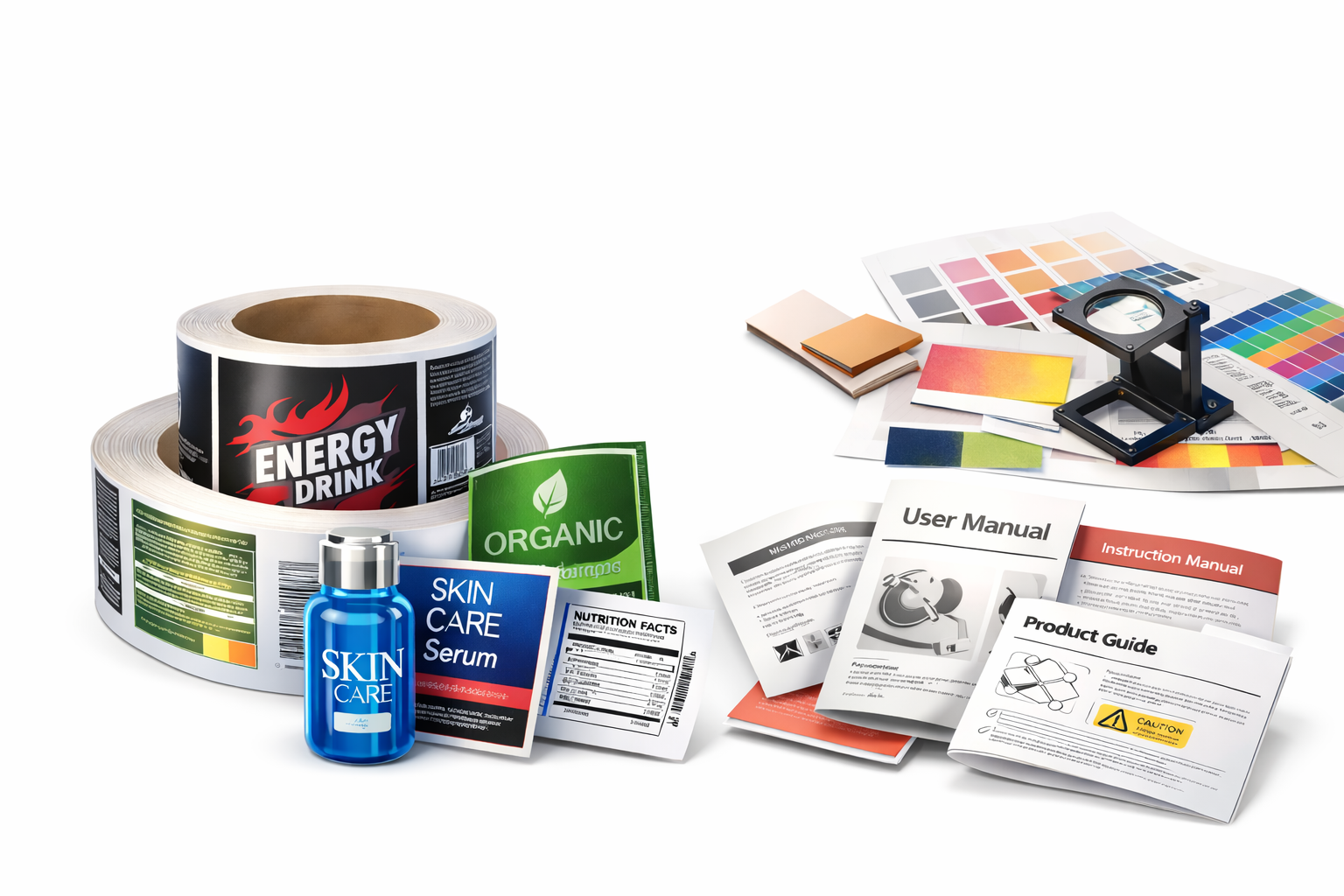 A collection of packaging and printing materials, including a roll of labels, a bottle of skin care serum, color swatches, color samples, technical manuals, and a magnifying glass, arranged on a white surface.
