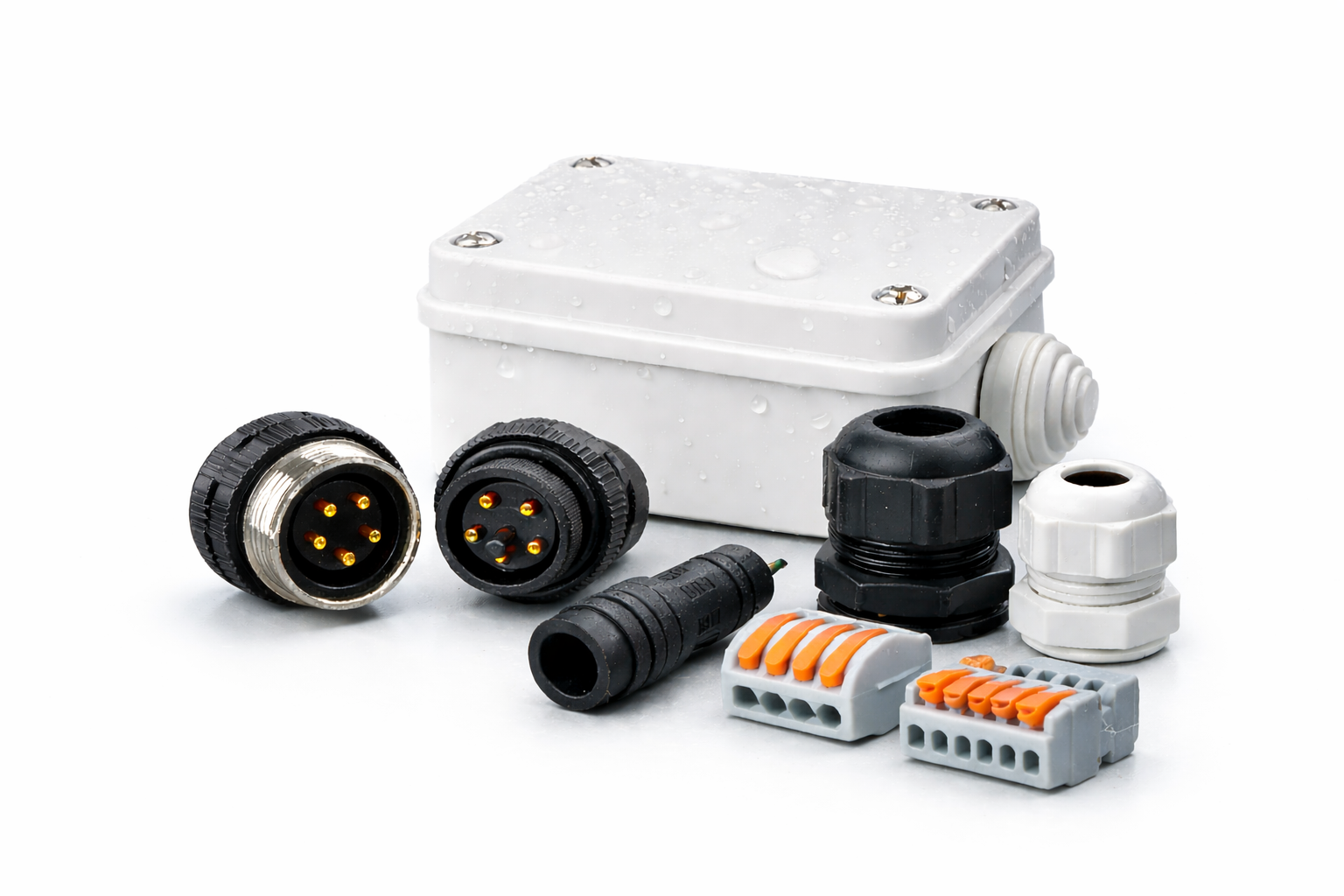 Industrial cable protection components and junction boxes for electrical wiring systems