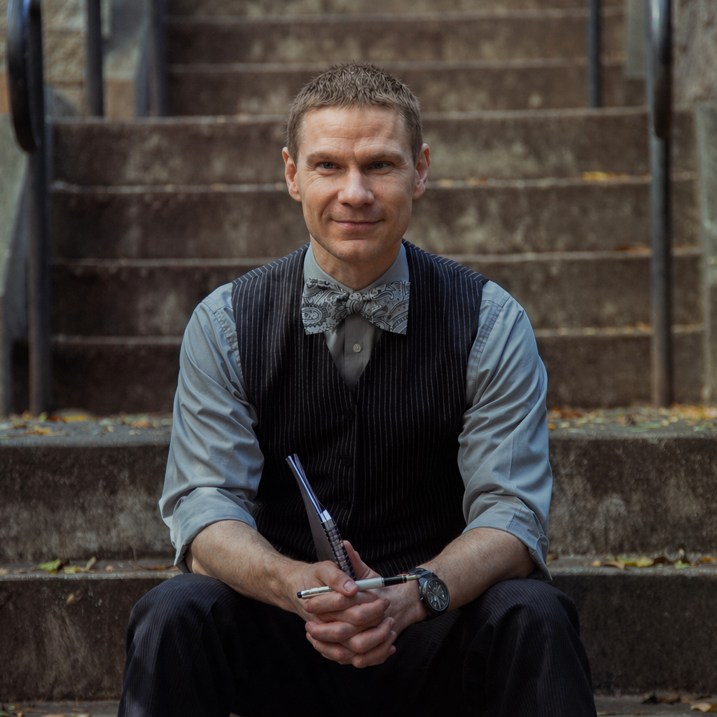 A man sitting on outdoor steps, wearing a gray shirt, black vest, and bow tie, holding a pen and a notebook.