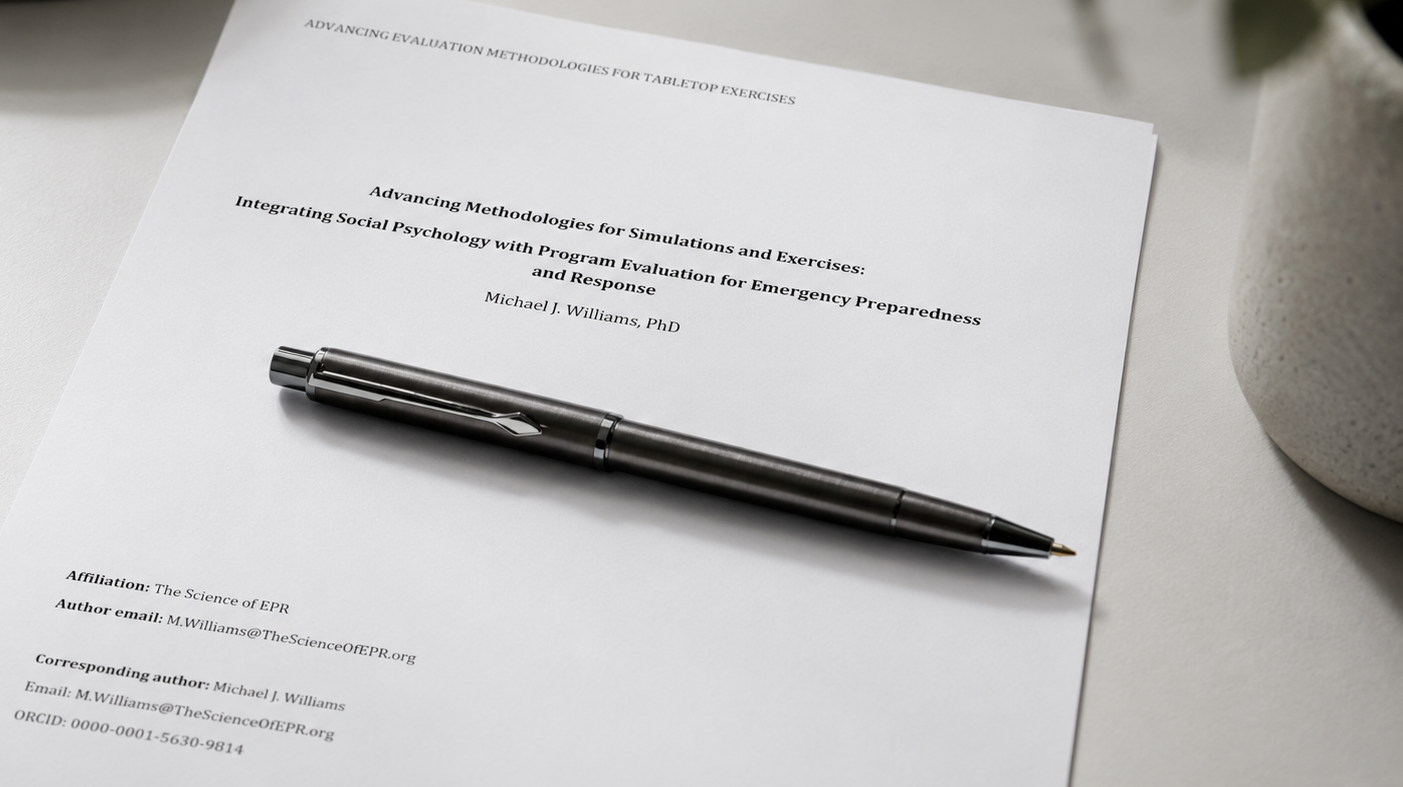 A printed academic paper titled "Advancing Methodologies for Simulations and Exercises" with a black pen resting on it, placed on a white surface, with a potted plant in the background.