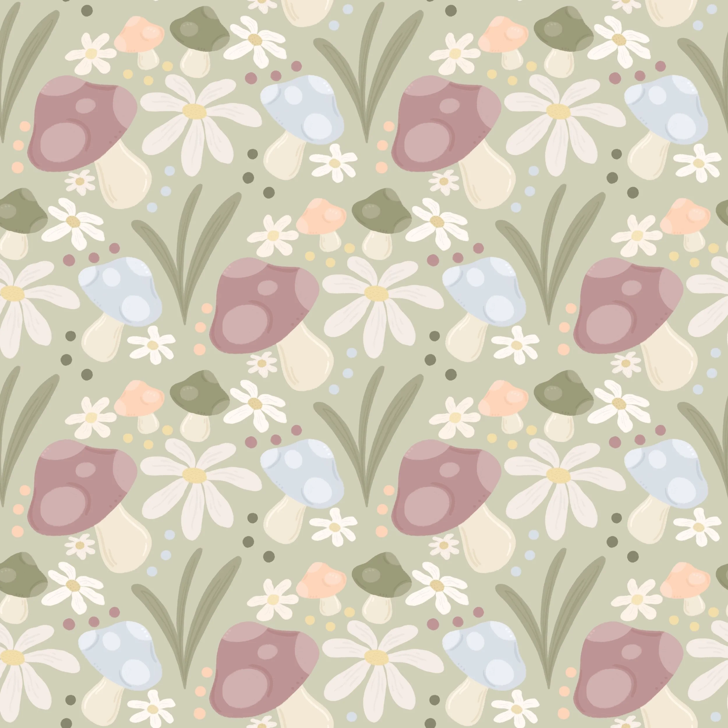 A seamless pattern of stylized mushrooms, daisies, grass, and small dots in pastel colors on a light background.