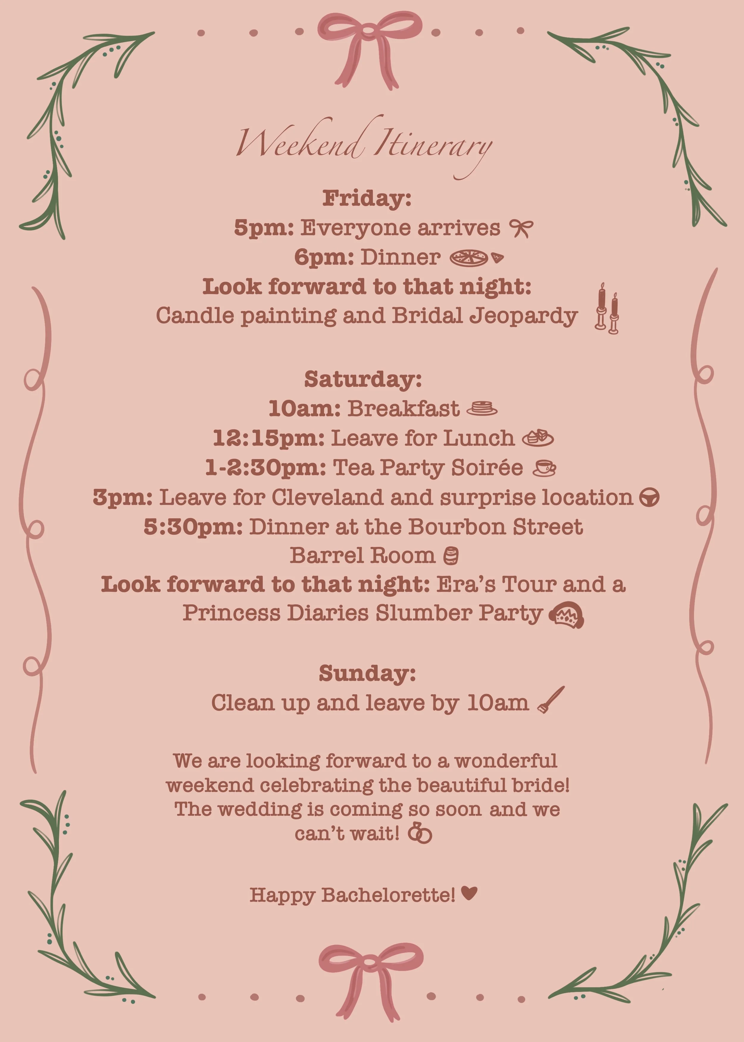 Bachelorette Weekend Itinerary