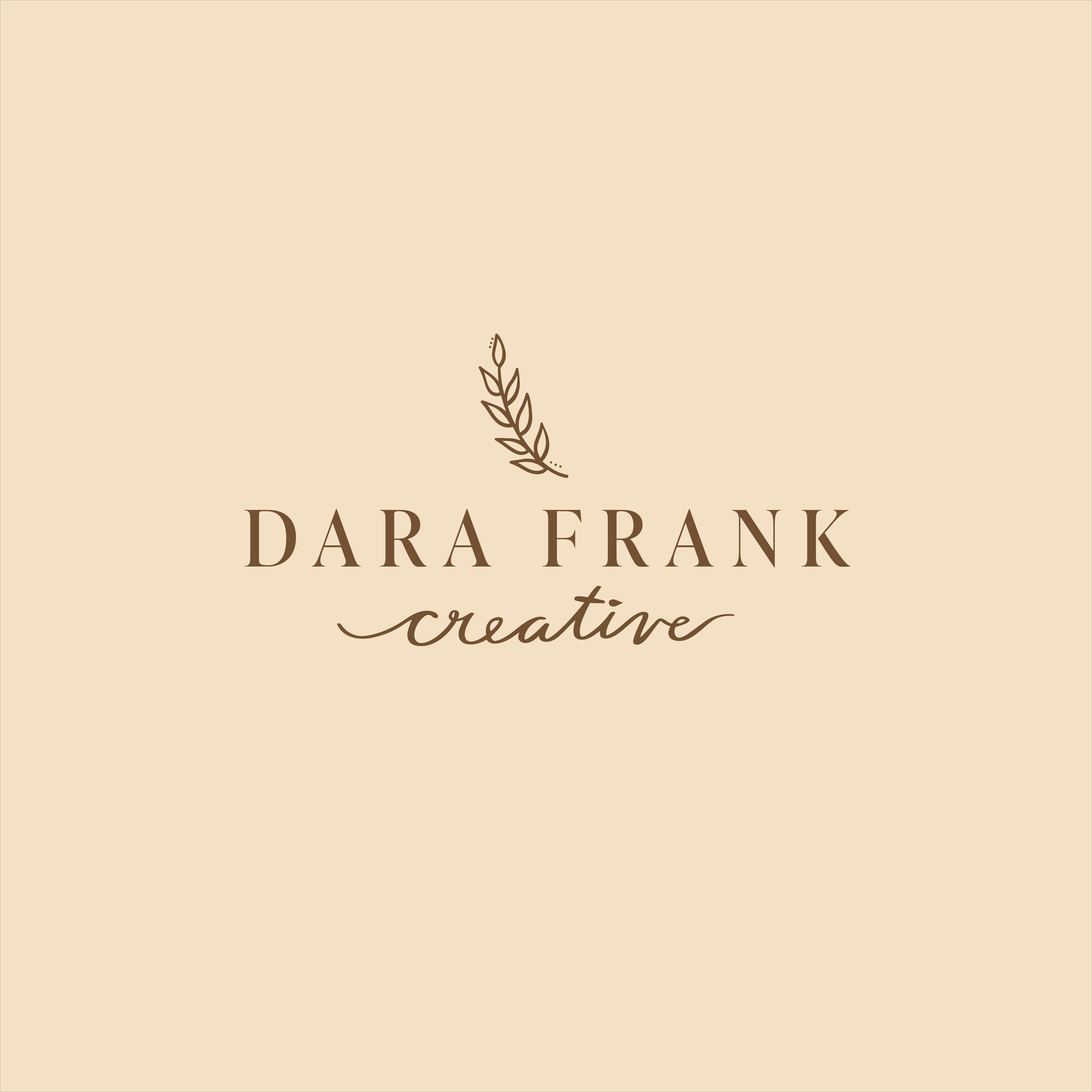Logo with the text 'Dara Frank Creative' in brown on a beige background. The logo includes a simple line drawing of a branch or wheat above the text.