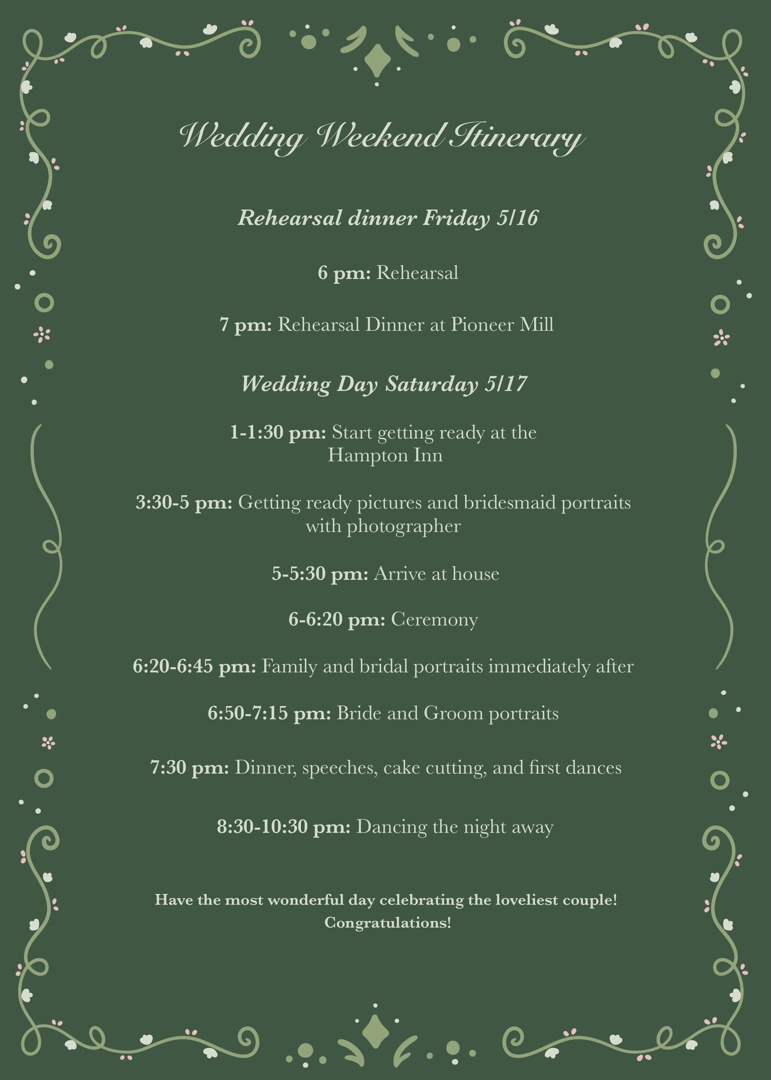 Wedding Weekend Itinerary 