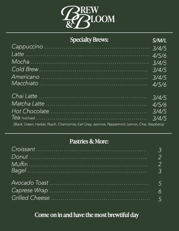 Bloom and Brew Menu