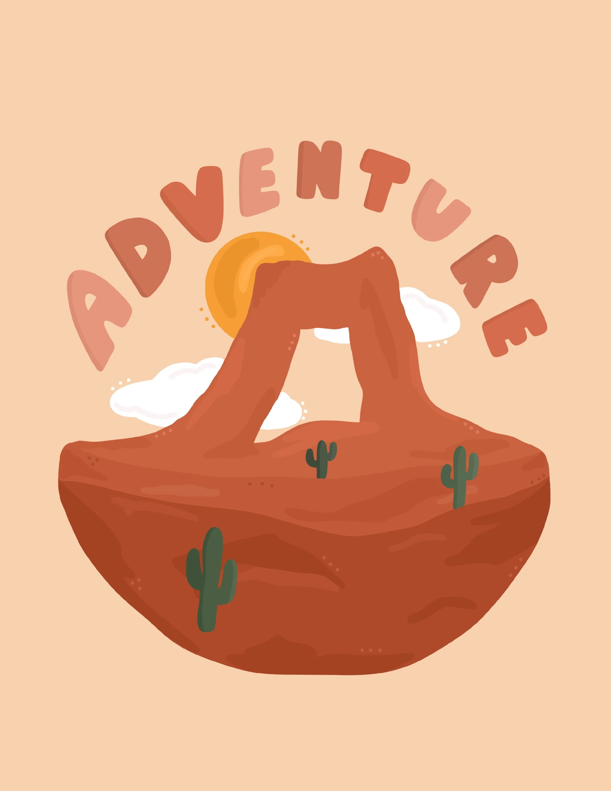 Illustration of a desert landscape with red rock formations, green cacti, a bright orange sun, and white clouds, with the word 'ADVENTURE' in stylized letters