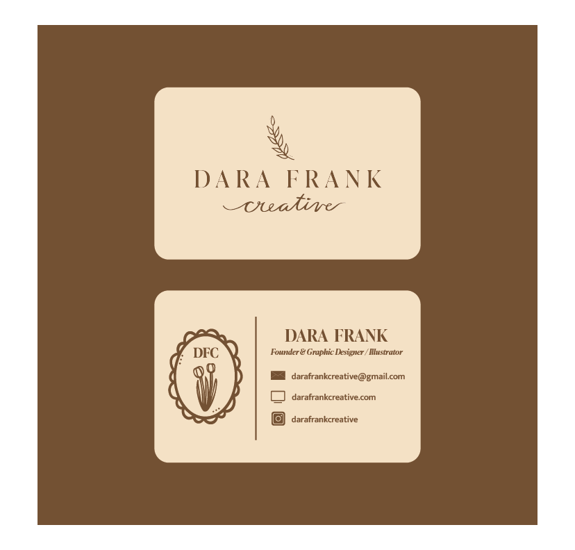 Business card with a beige background. The top section has a beige rectangle with rounded corners containing the name 'Dara Frank,' the word 'creative,' and a small plant illustration. The bottom section has another beige rectangle with rounded corners, displaying a circular logo with a plant illustration labeled 'DFC,' the name 'Dara Frank,' titles, email, website, and Instagram handle.
