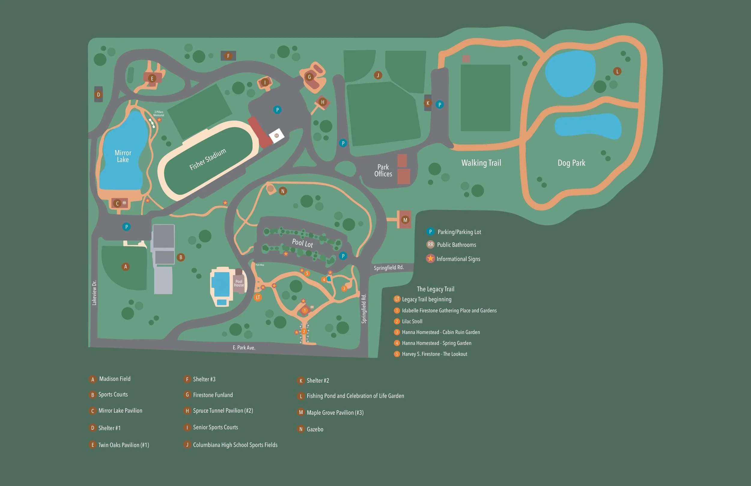 A detailed park map showing various amenities and landmarks, including besides a lake and sports fields, parking areas, pavilions, shelters, playgrounds, gardens, walking trails, dog park, and pond.