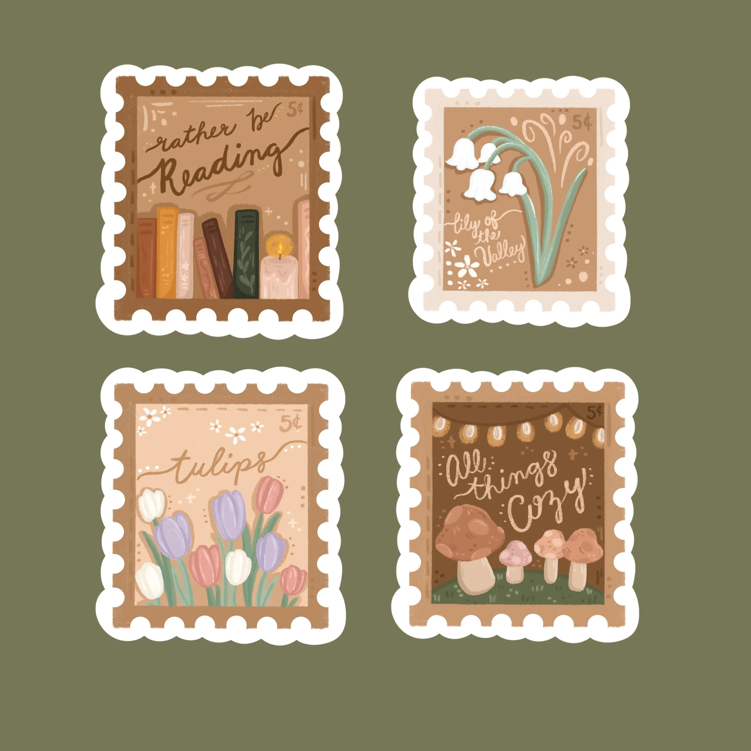 Set of four illustrated postage stamps with nature and cozy themes, featuring books, flowers, mushrooms, and the phrases 'rather be reading,' 'lily of the valley,' 'tulips,' and 'all things cozy,' on a green background.