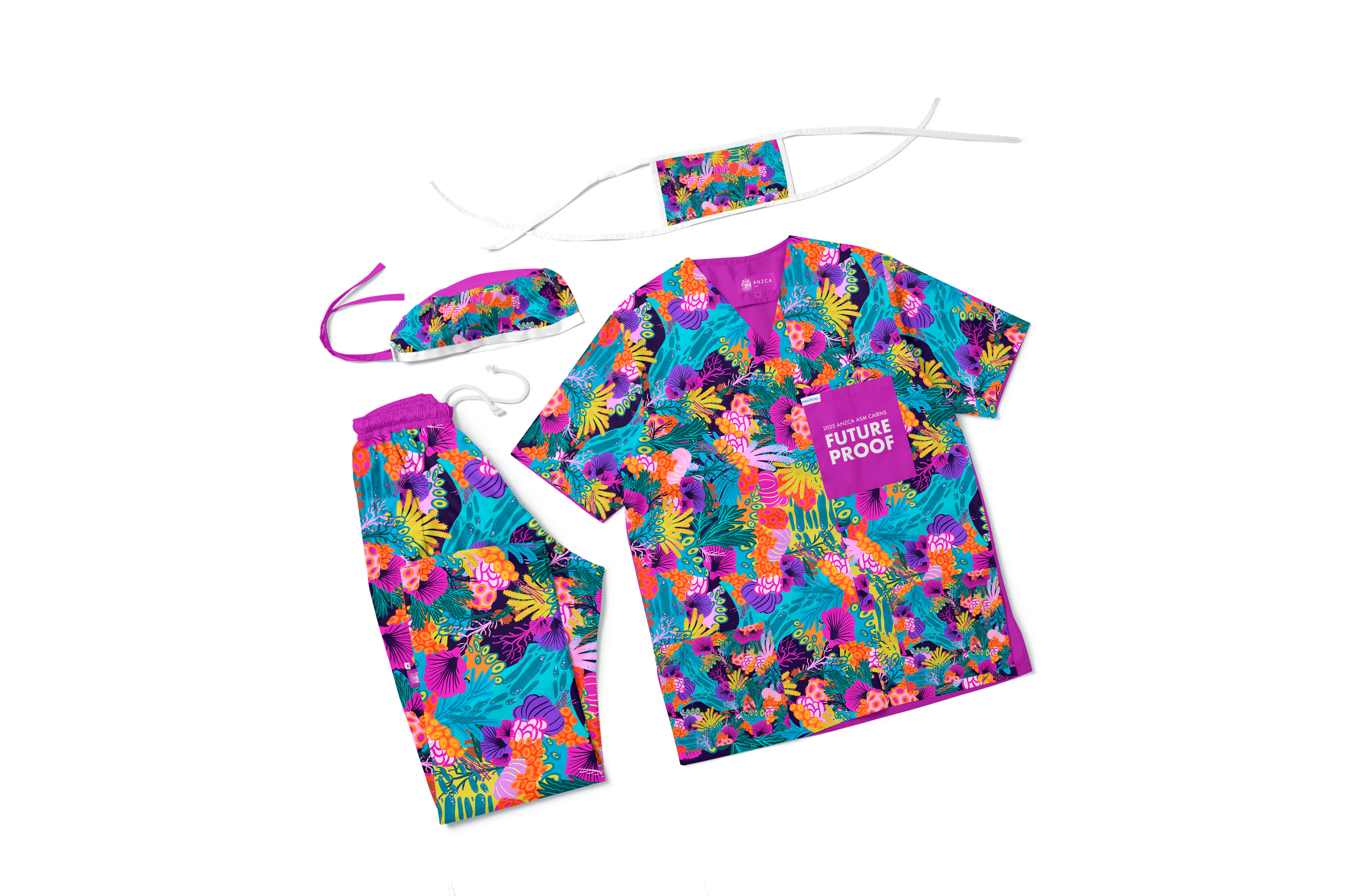 Colorful, tropical-themed swimsuit, cover-up, and accessories with vibrant floral patterns, displayed on a flat surface.