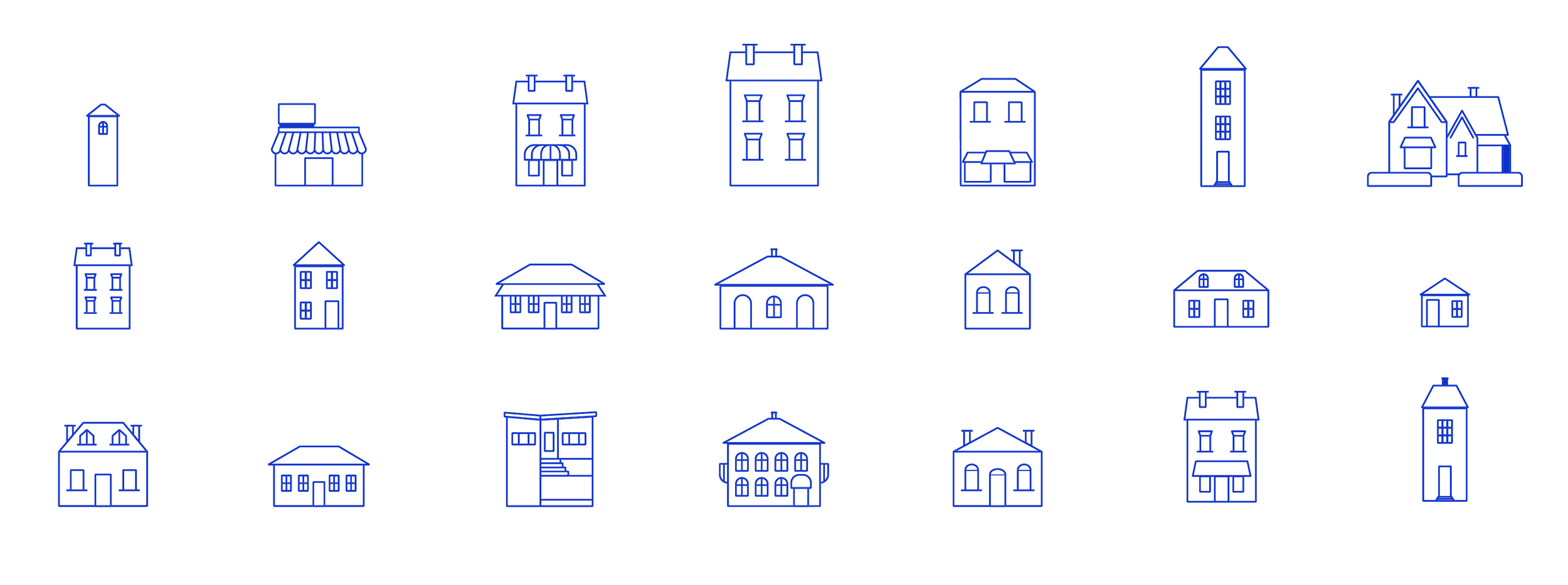 A collection of 20 blue outline drawings of different house and building styles arranged in rows.
