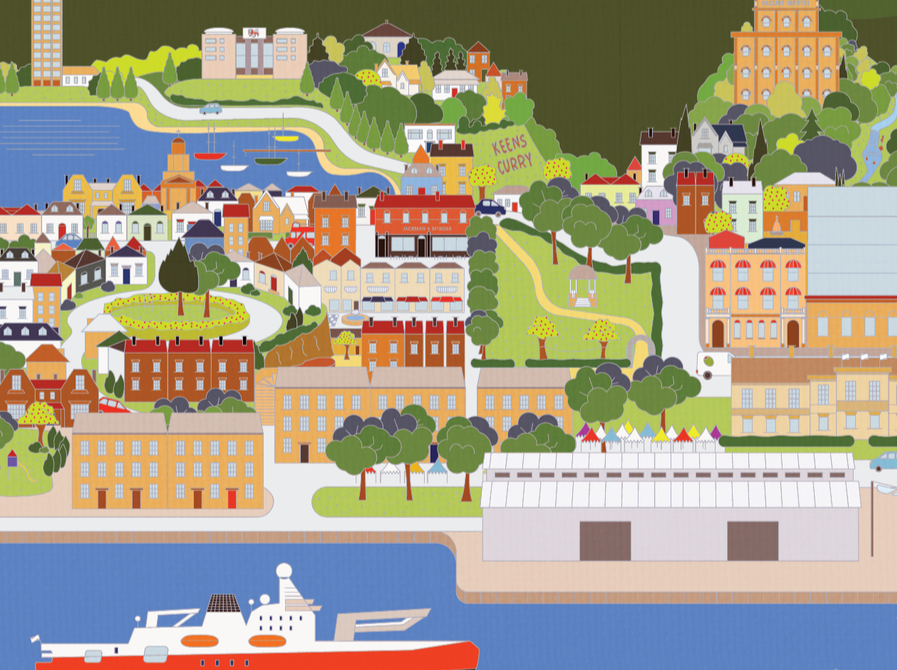Colorful illustration of a seaside town with buildings, a waterfront, a large ship, trees, a park, and hilly landscape with houses and a castle in the background.
