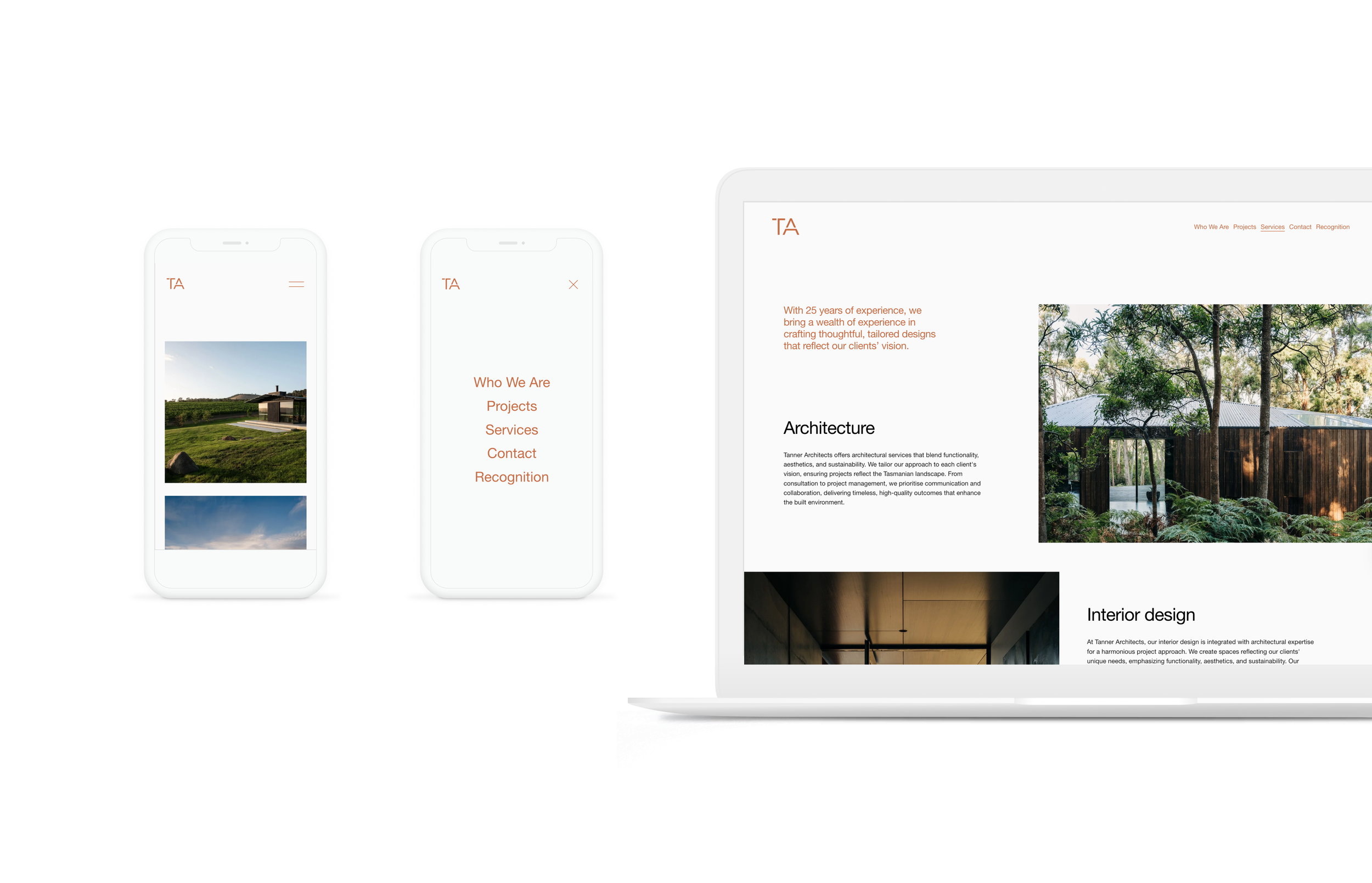 Website mockup displaying a homepage and project details for Tanner Architects, featuring images of architecture and interior design with a minimalist layout and navigation menu.