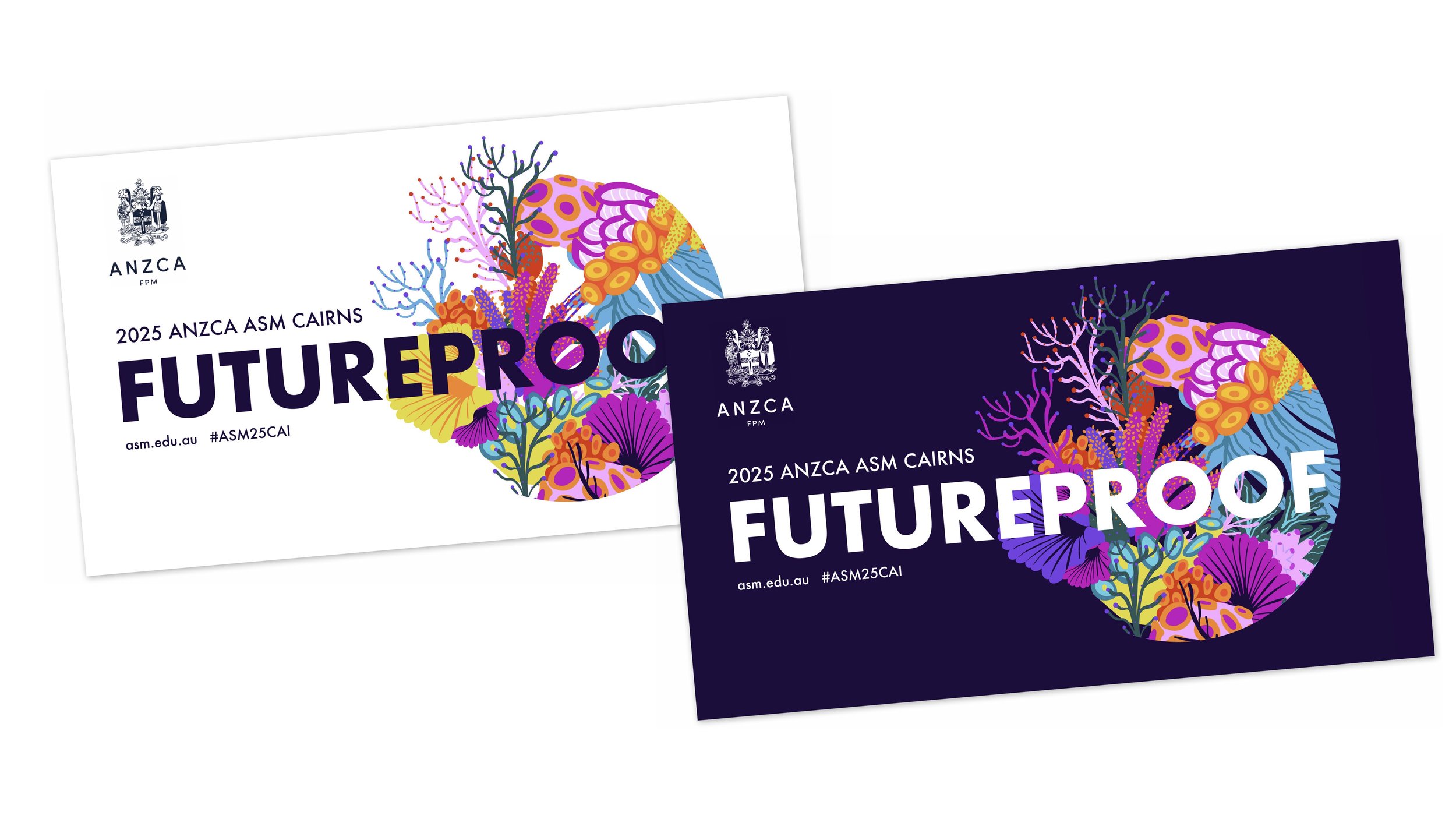 Two postcards for the 2025 ANZCA ASM Cairns event featuring colorful abstract coral and seaweed designs with the word 'FUTUREPROOF' in large bold letters.