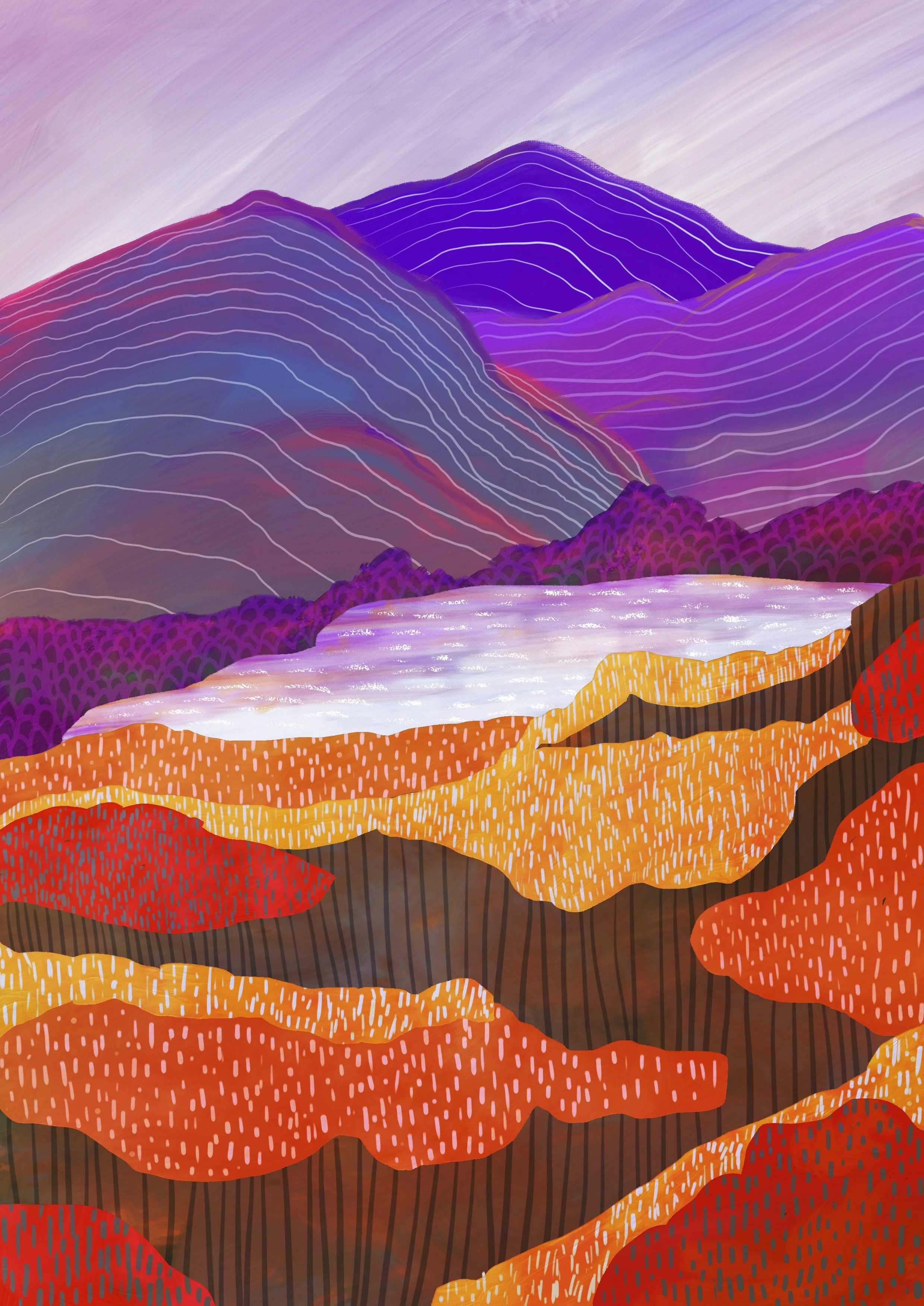 Digital illustration of colorful mountains with purple, pink, orange, and red hues, featuring stylized lines and patterns.