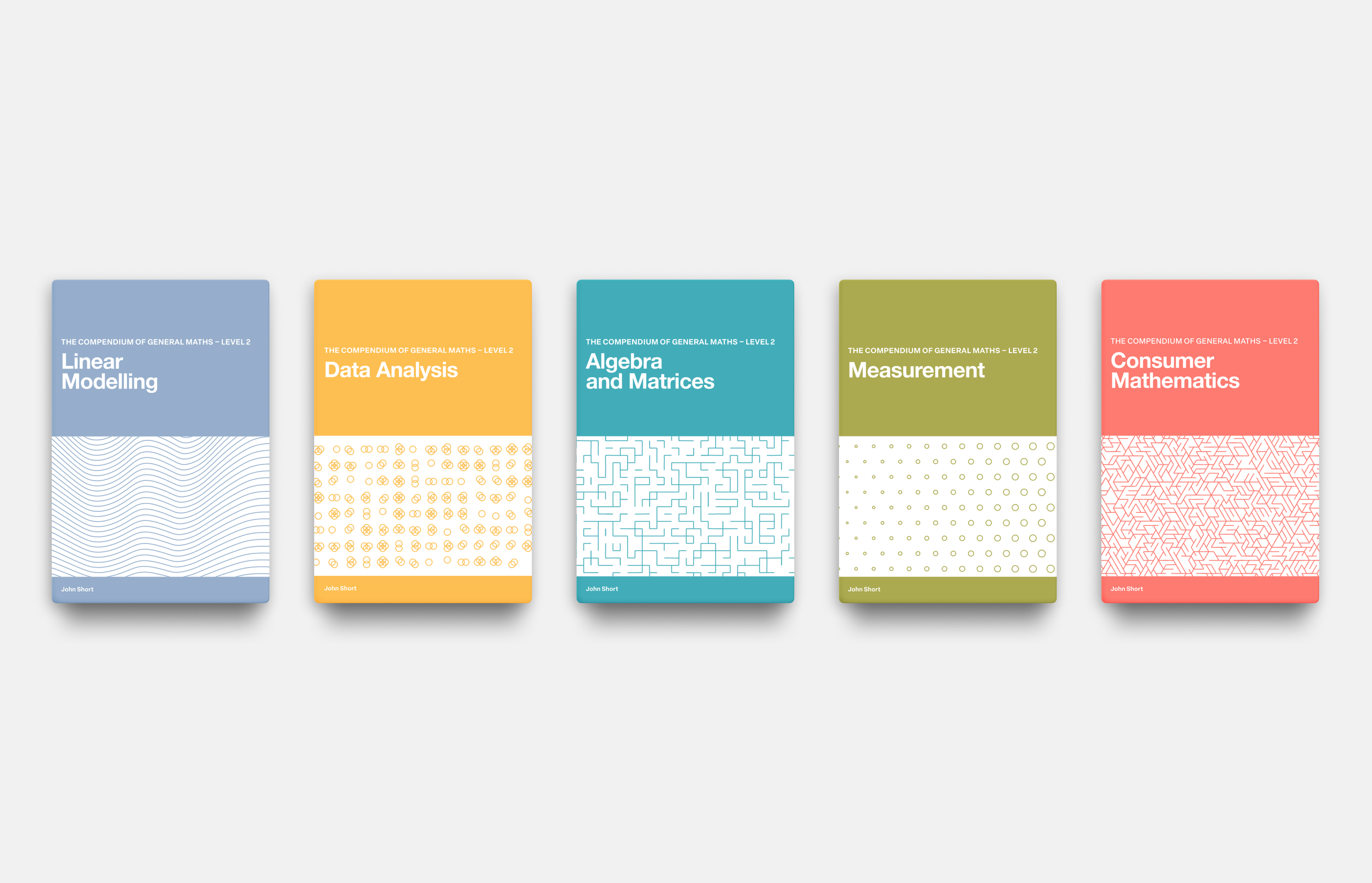 Five colorful math textbooks on a gray background, titled 'Linear Modelling', 'Data Analysis', 'Algebra and Matrices', 'Measurement', and 'Consumer Mathematics'.