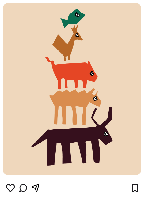 Stacked cartoon animals including a green fish, brown deer, red pig, light brown dog, and black antelope on a beige background