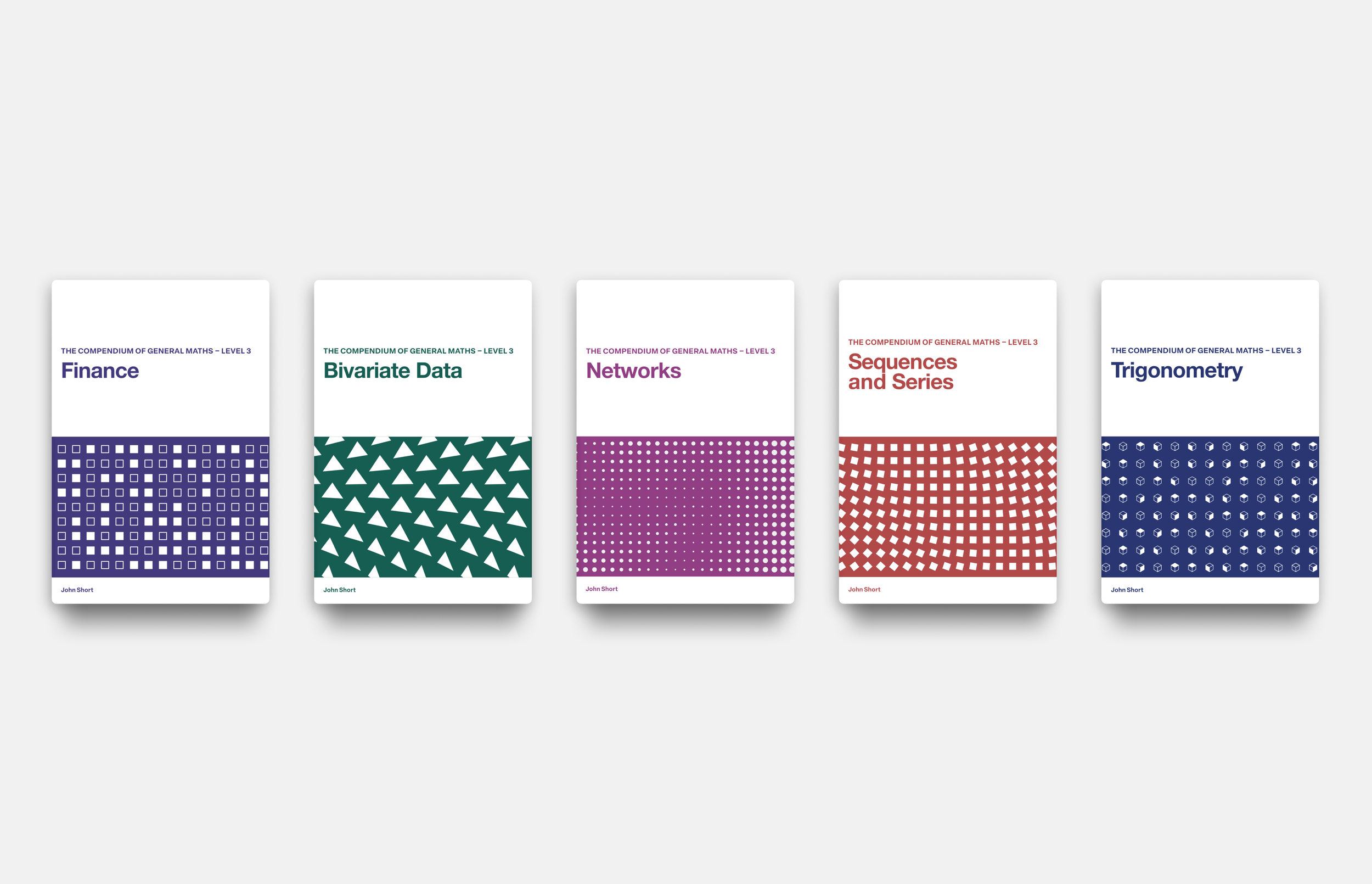 Five textbooks titled 'The Compendium of General Maths - Level 3', with different subjects including Finance, Bivariate Data, Networks, Sequences and Series, and Trigonometry, each with distinct colorful geometric covers.
