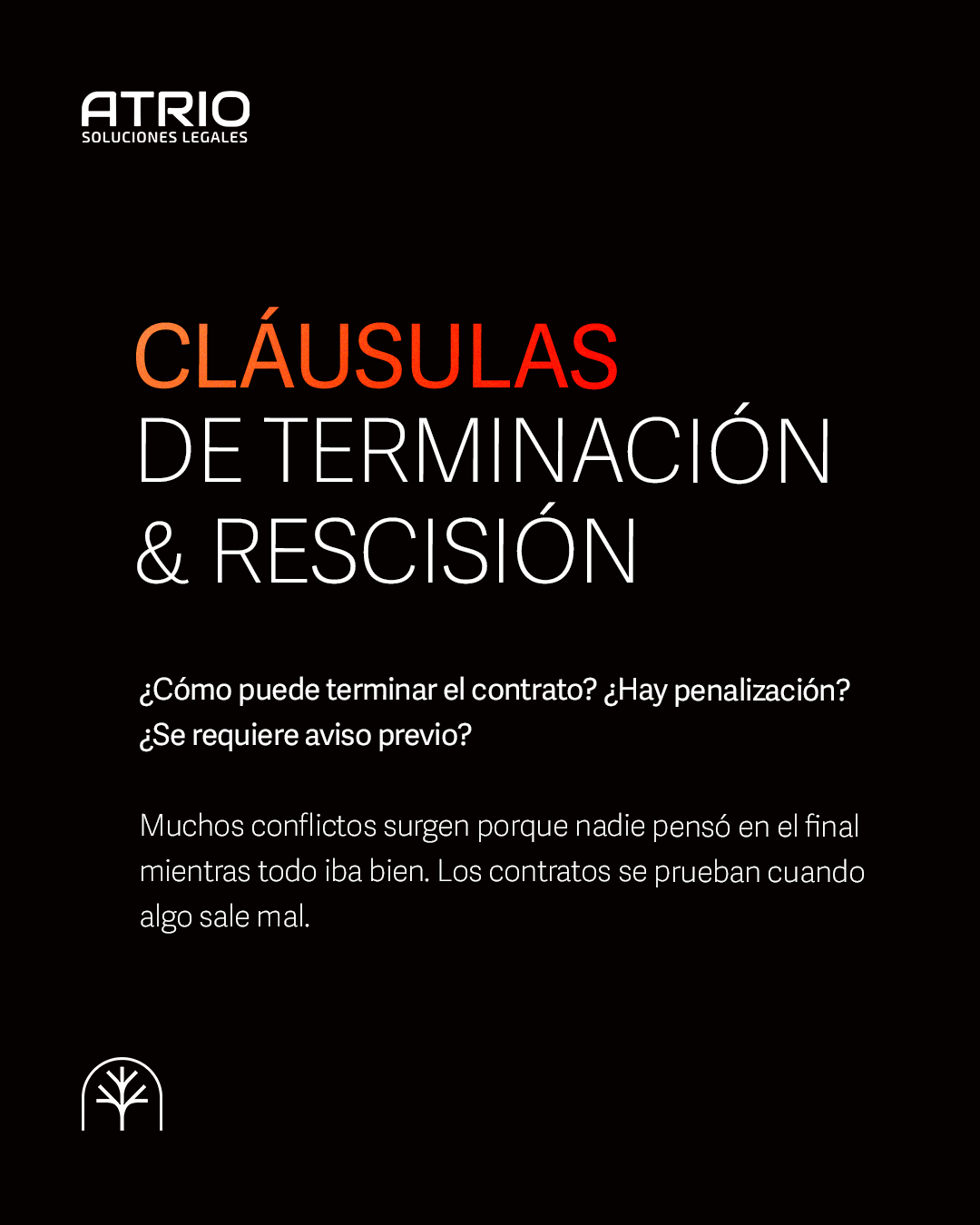 CLAUSULAS DE TERMINACION Y RESCISION

¿Cómo puede terminar el contrato? ¿Hay penalización? ¿Se requiere aviso previo? 

Muchos conflictos surgen porque nadie pensó en el final mientras todo iba bien. Los contratos se prueban cuando algo sale mal.