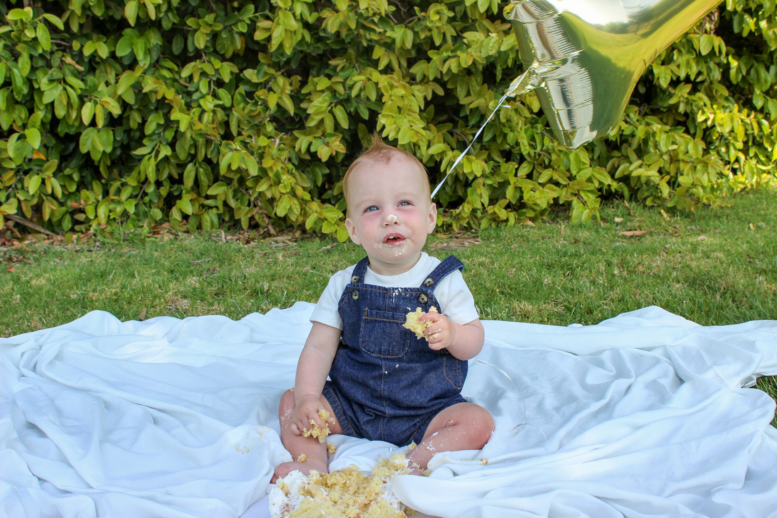Baby sitting on a white blanket outside in front of green bushes, holding a piece of cake with cake and frosting on face and hands, with a silver balloon nearby.