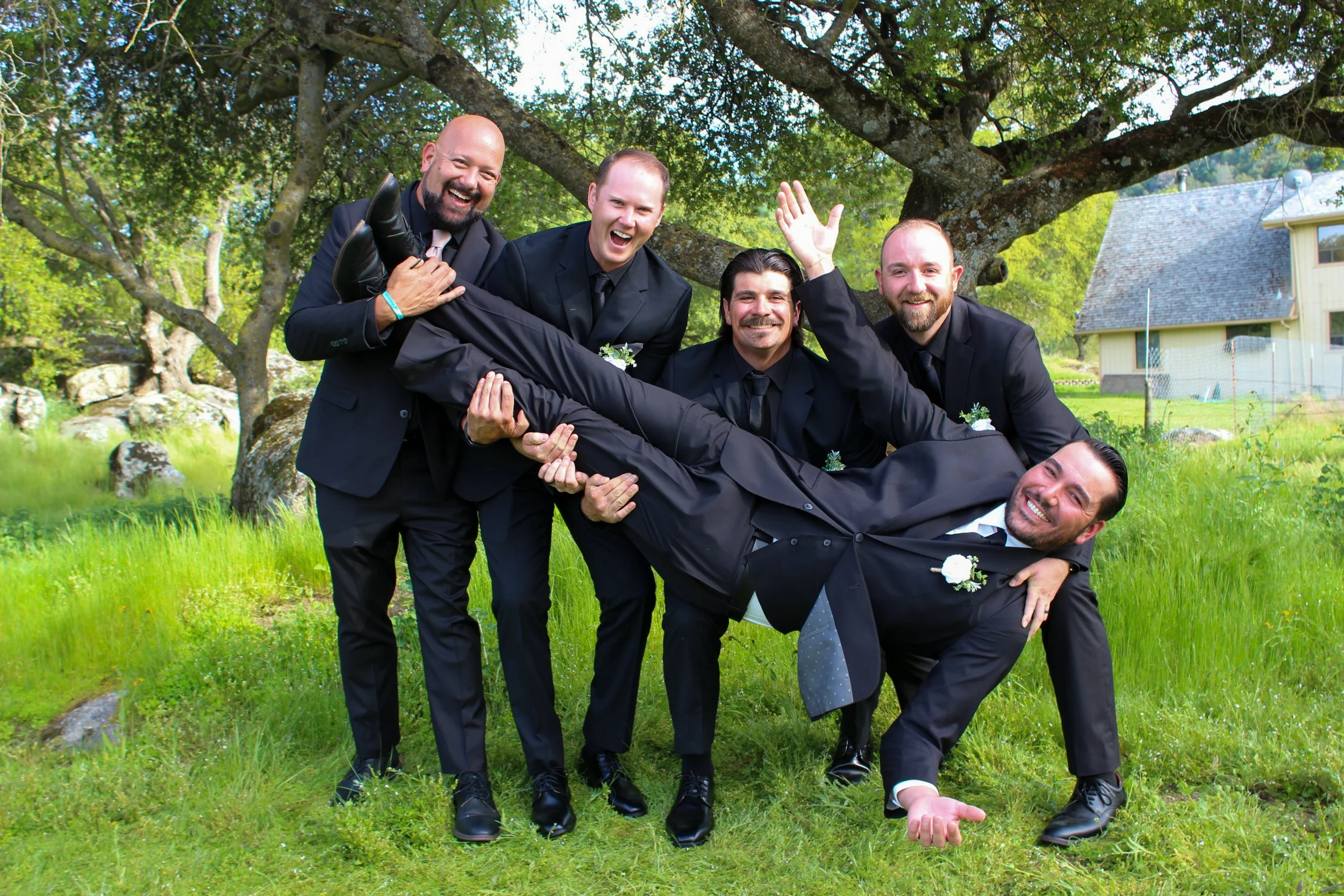 A group of five men dressed in black suits, with one man lying horizontally across the other four who are holding him up, outdoors on a grassy area under a large tree, celebrating a wedding with joyful expressions.