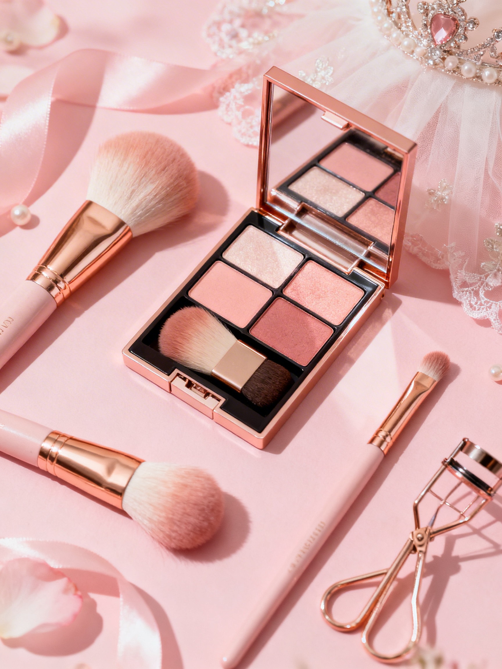 A pink eyeshadow palette with four shades, a blush brush, a makeup brush, a curling eyelash curler, and decorative pearls and lace on a pink background.