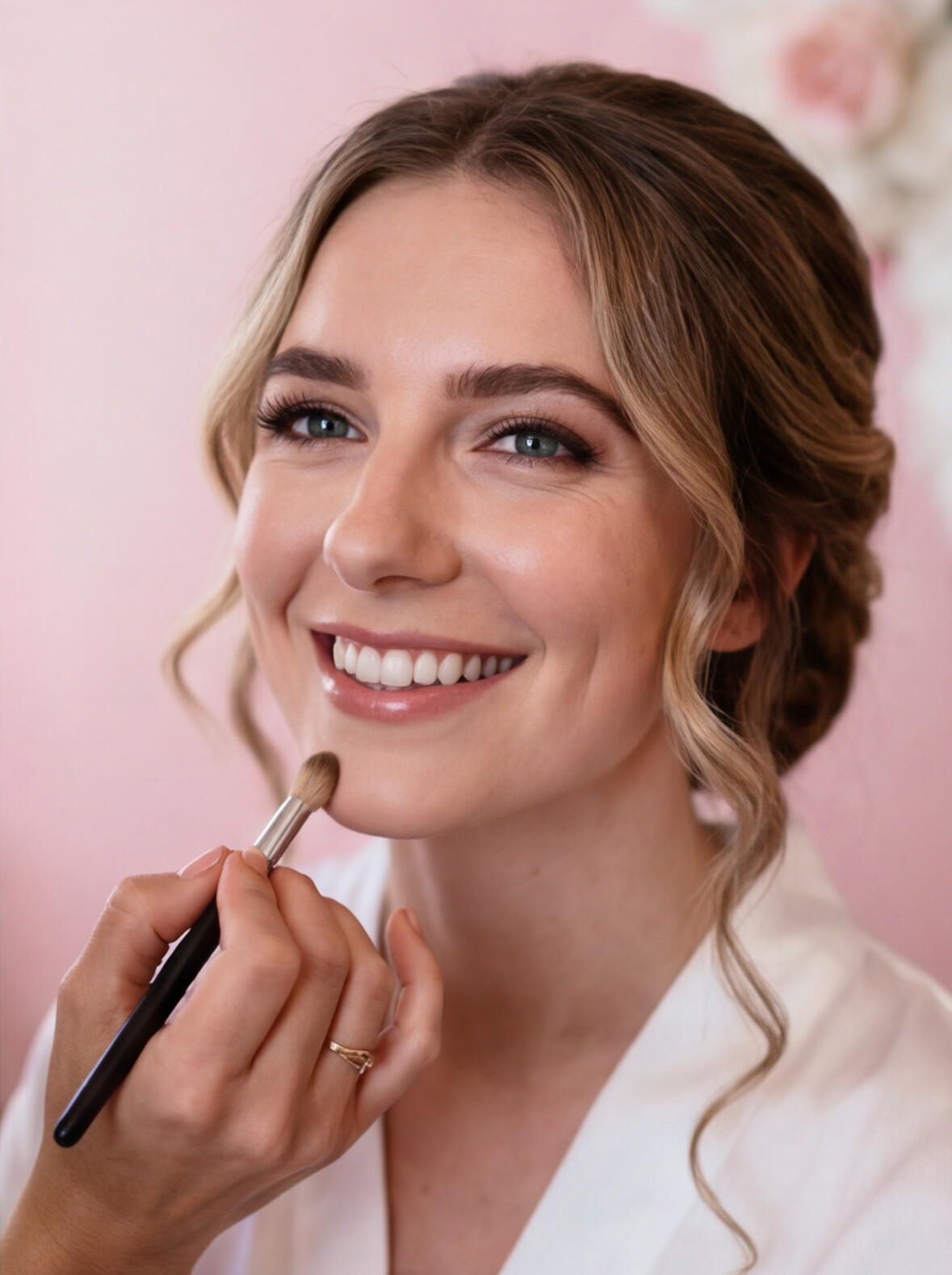 A woman with light brown hair and blue eyes getting her makeup applied with a brush by a makeup artist, smiling softly and wearing a white top.