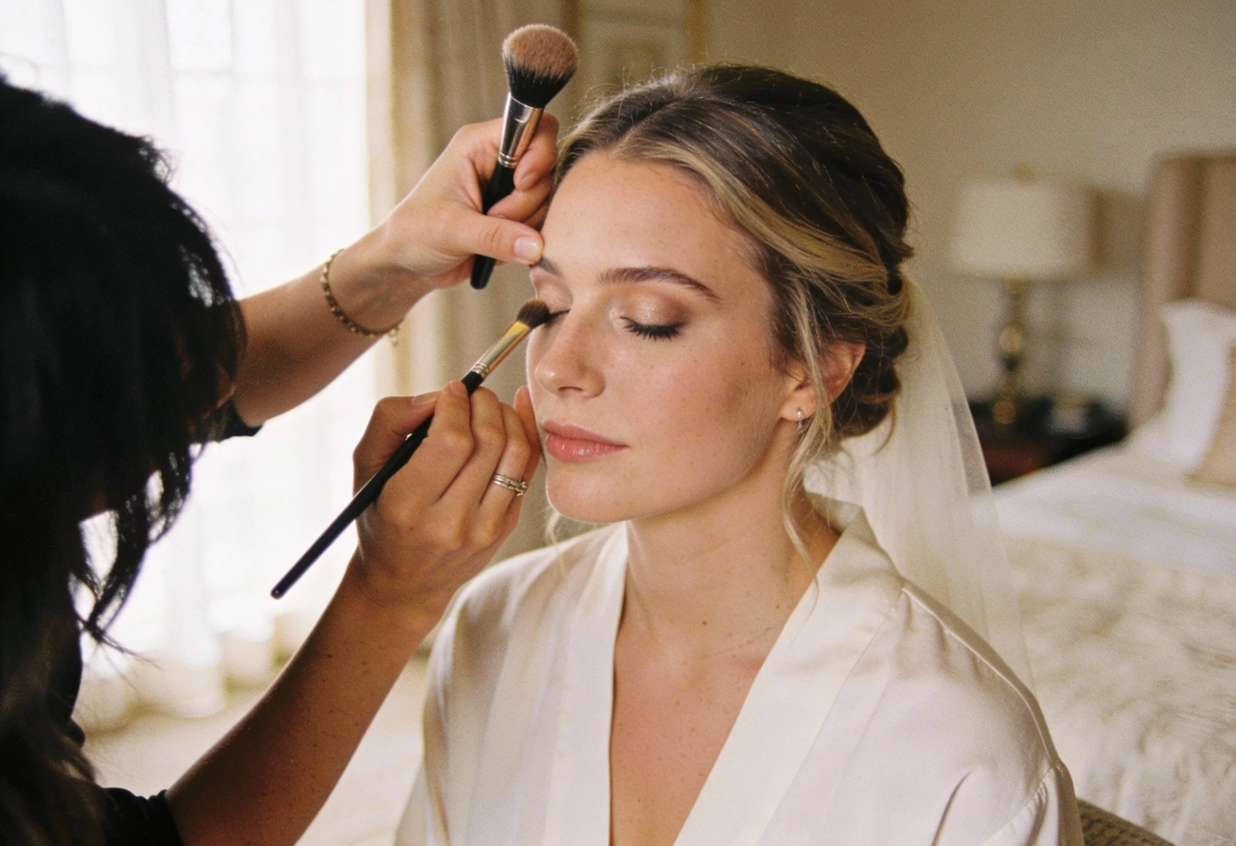 Beauty artist applying makeup to bride with closed eyes in a well-lit room.