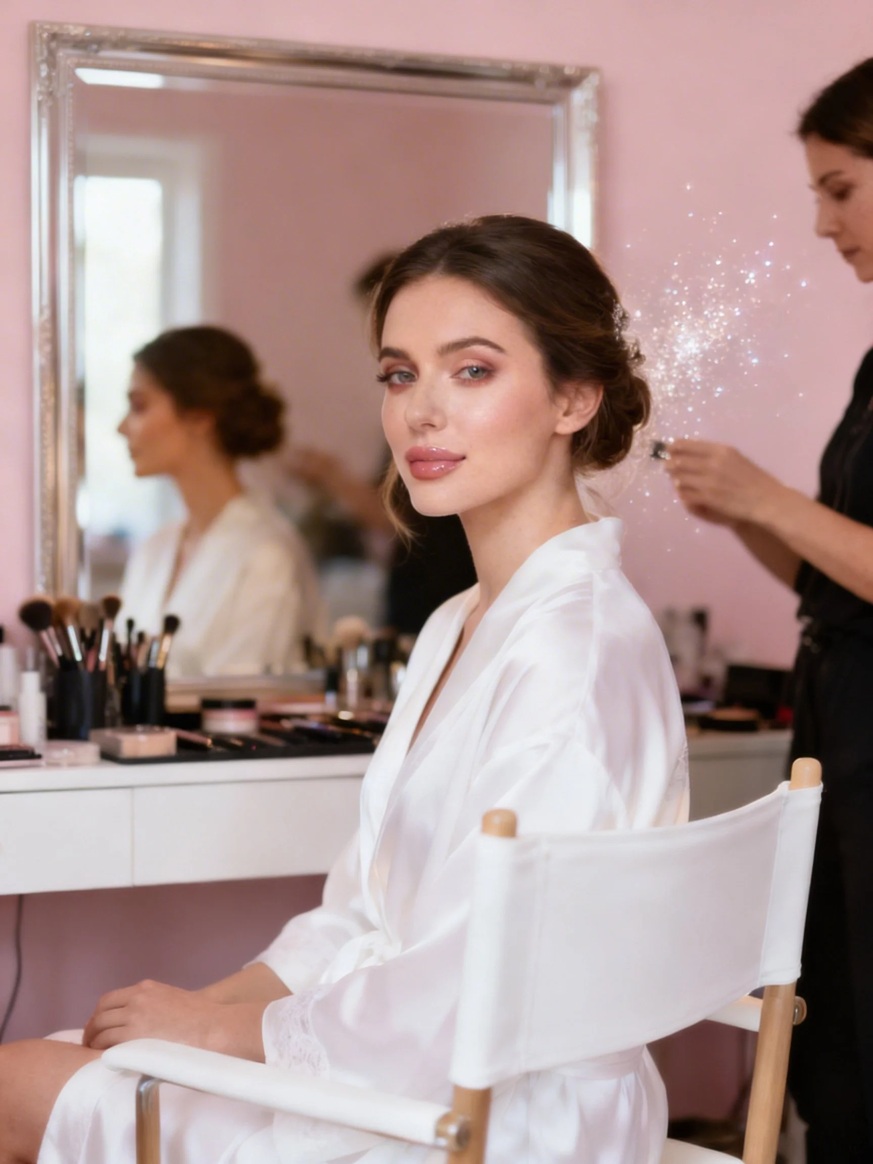 Young woman with fair skin and brown hair styled in loose waves sitting in an all-white satin robe in front of a mirror while a makeup artist applies makeup behind her. The makeup artist is holding a makeup brush, and a desk with various makeup products is visible. The setting appears to be a pink-walled beauty room or dressing room.