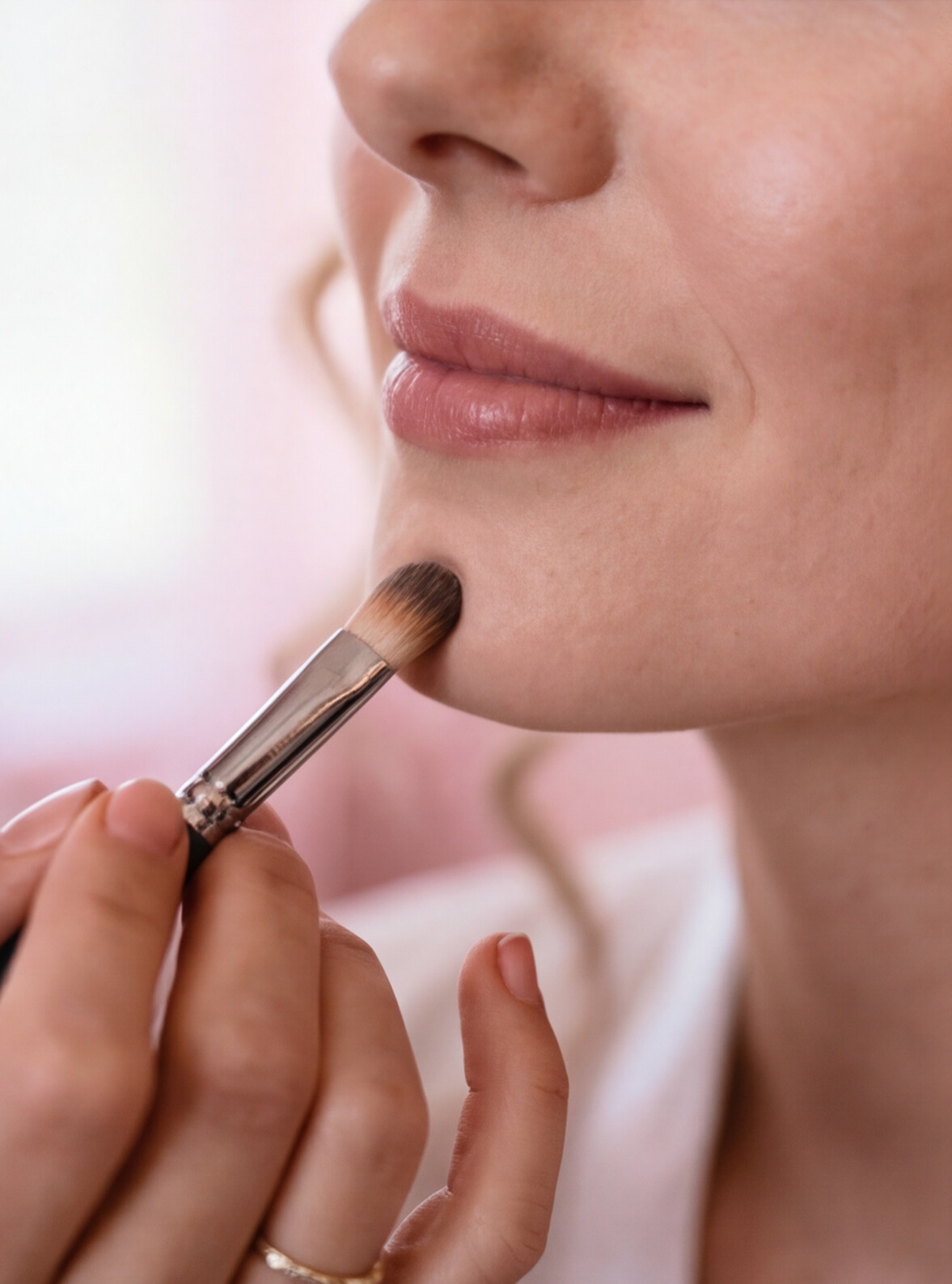Close-up of a person applying lipstick with a makeup brush on their lips, with another person holding the brush.