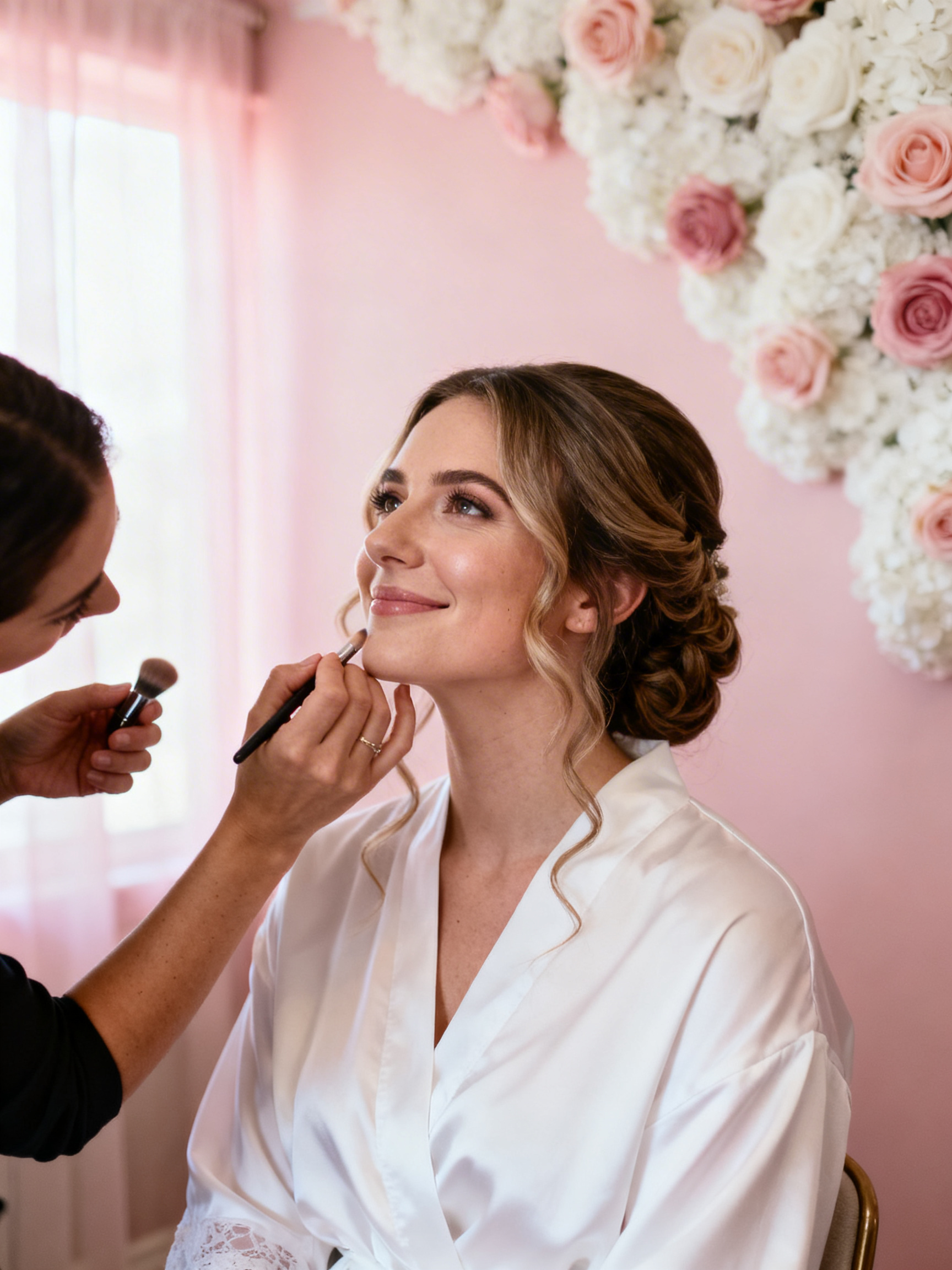 A bride getting her makeup done, smiling as a makeup artist applies lipstick, with a background of pink walls and a floral arrangement of white and pink roses.