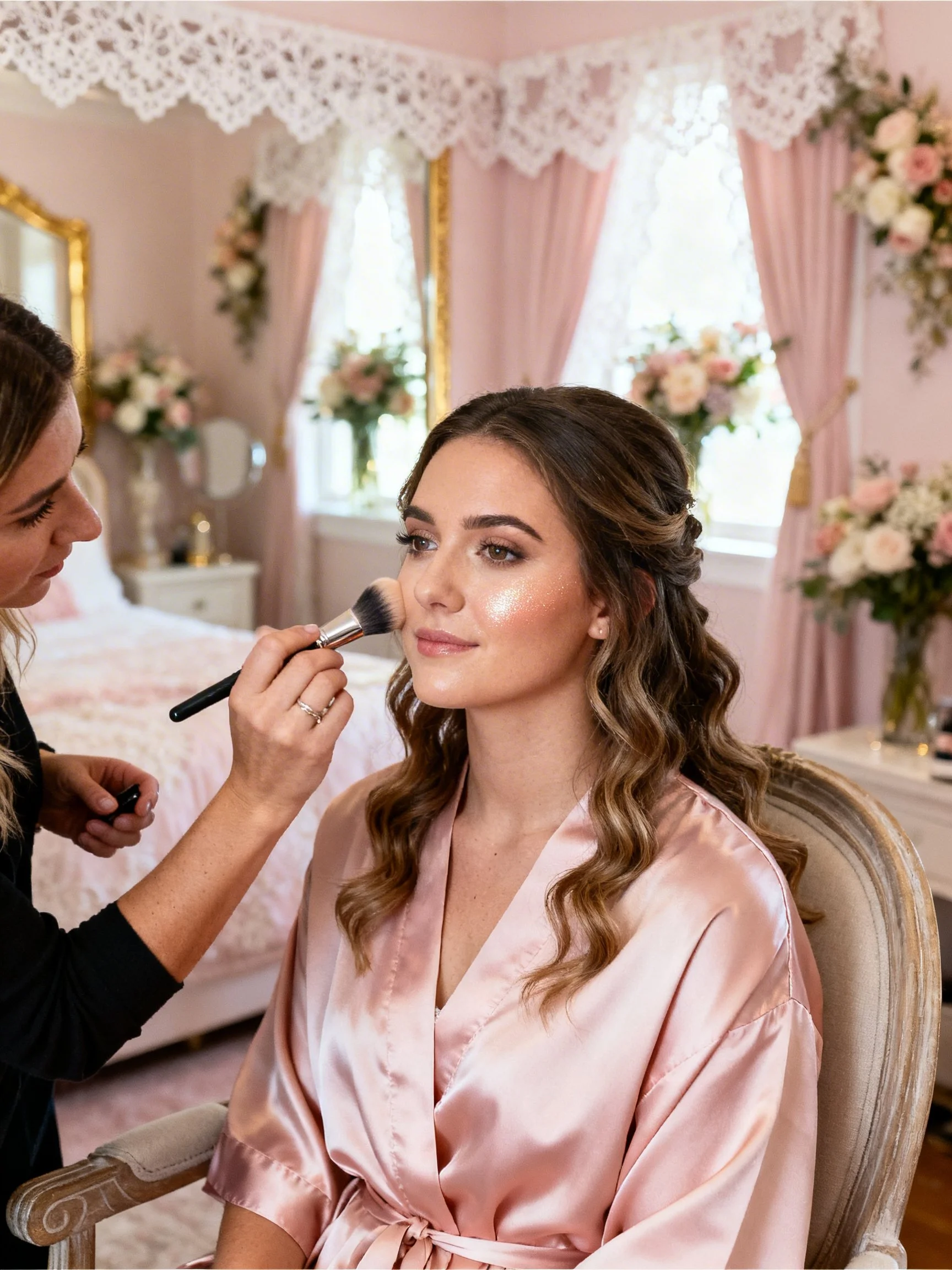 A woman with wavy brown hair sitting in a pink satin robe as a makeup artist applies blush to her face in a room decorated with pink curtains, floral arrangements, and a bed with a pink and white bedspread.