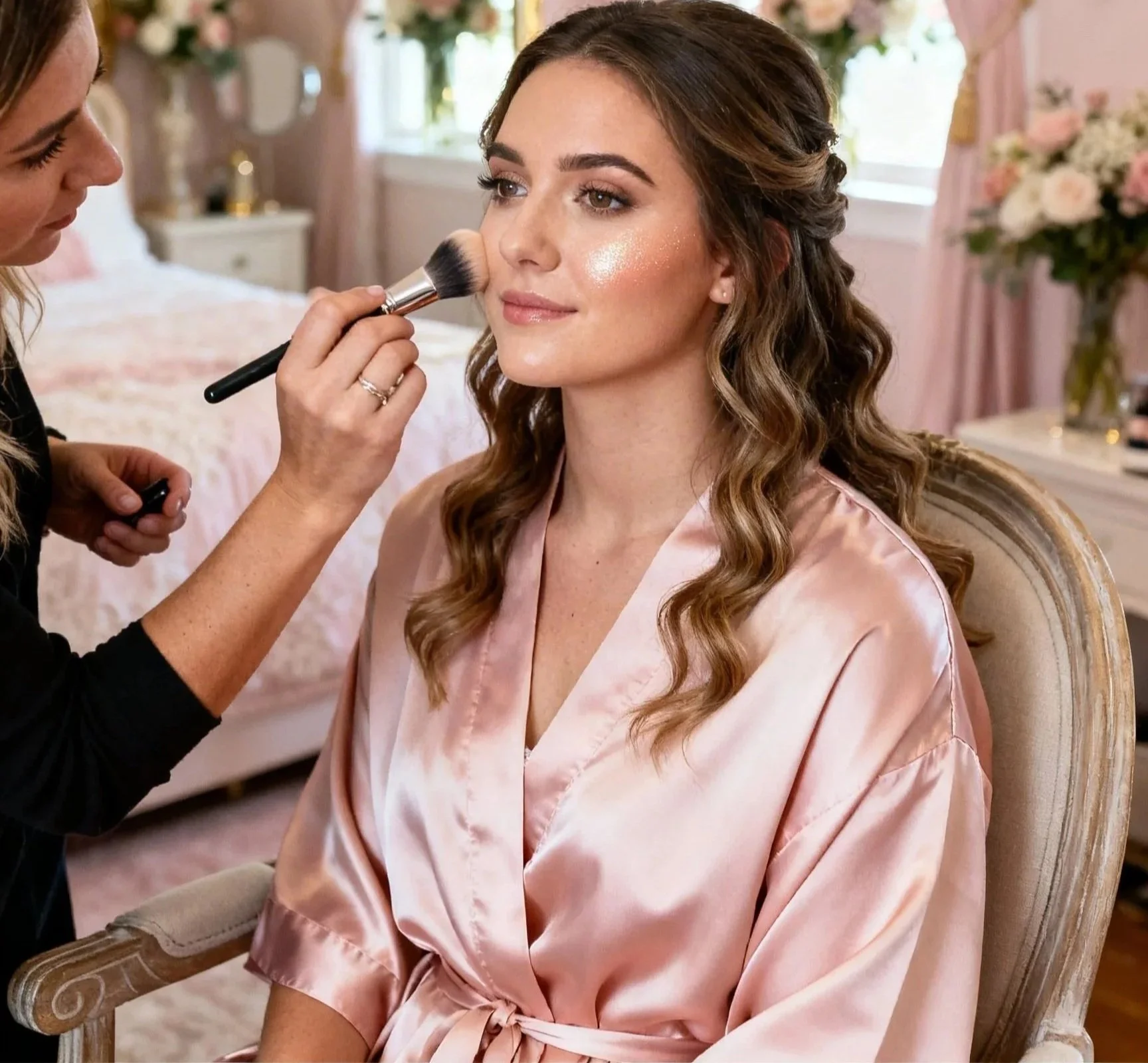 A woman with long wavy hair sitting in a chair while a makeup artist applies makeup to her face in a softly lit bedroom.