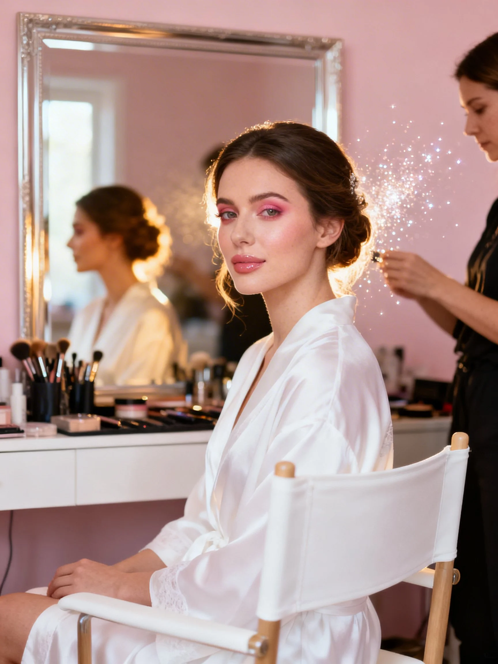 A young woman with styled brown hair and pink makeup, sitting in a white robe, getting her hair sprayed with glitter by a makeup artist in a salon with pink walls and a mirror, with makeup brushes and products on the counter.
