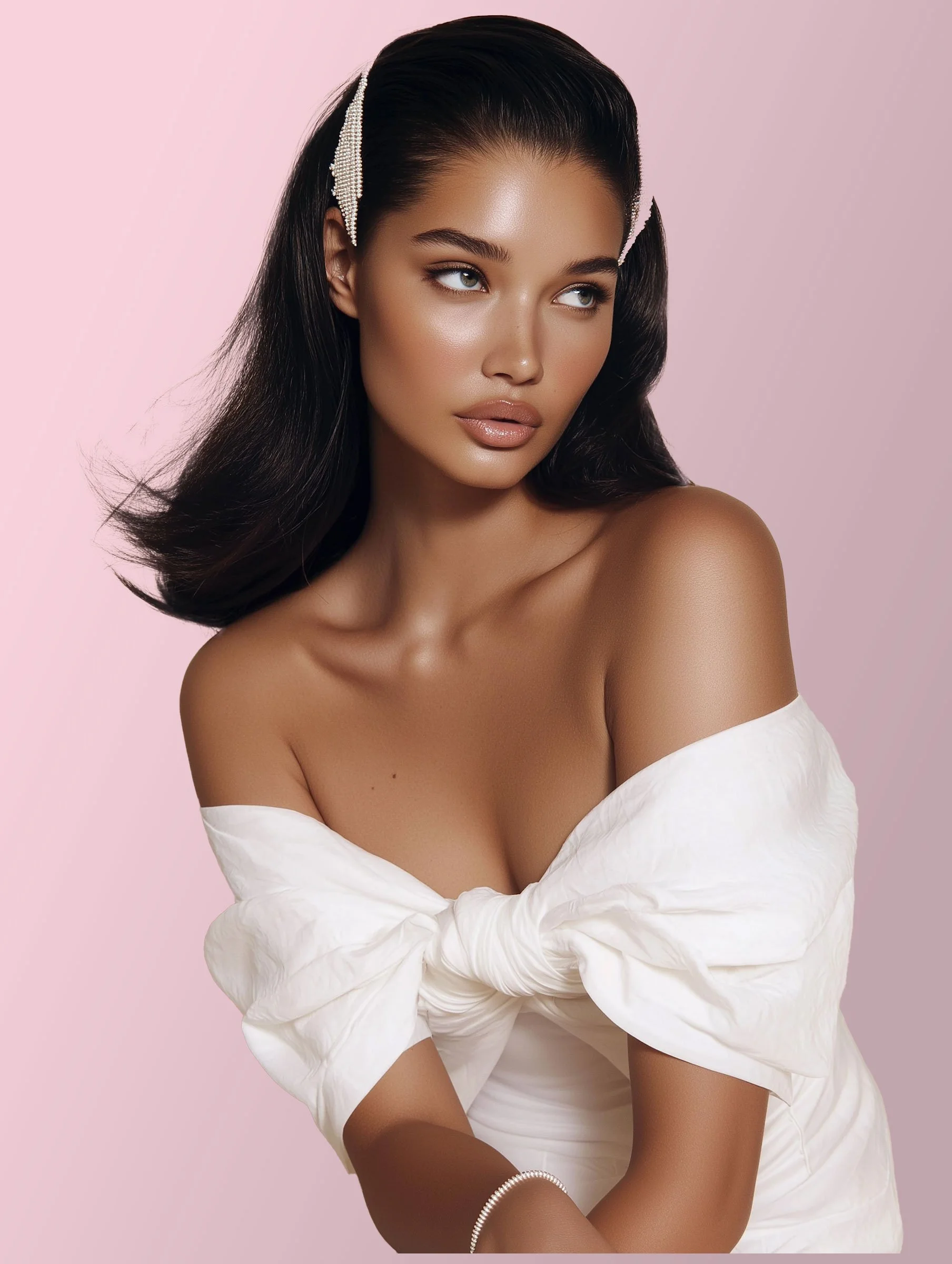 A woman with long, dark hair styled with pearl hair clips, wearing an off-shoulder white dress and a bracelet, posed against a pink background.