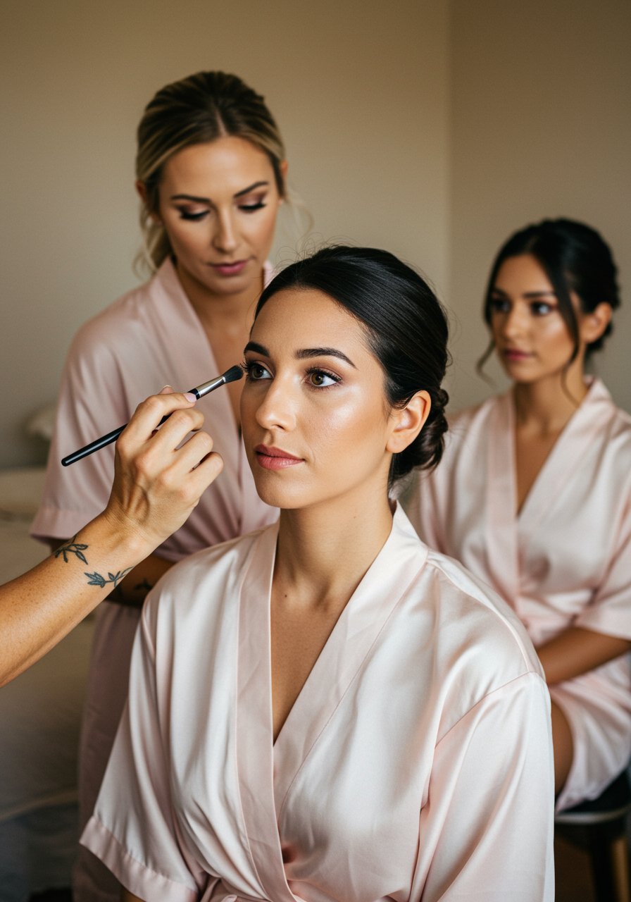 A woman getting her makeup done by a makeup artist while two other women watch in the background, all dressed in light pink robes.