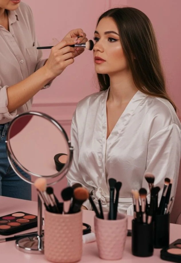 A woman sitting in front of a mirror having her makeup applied by a makeup artist.