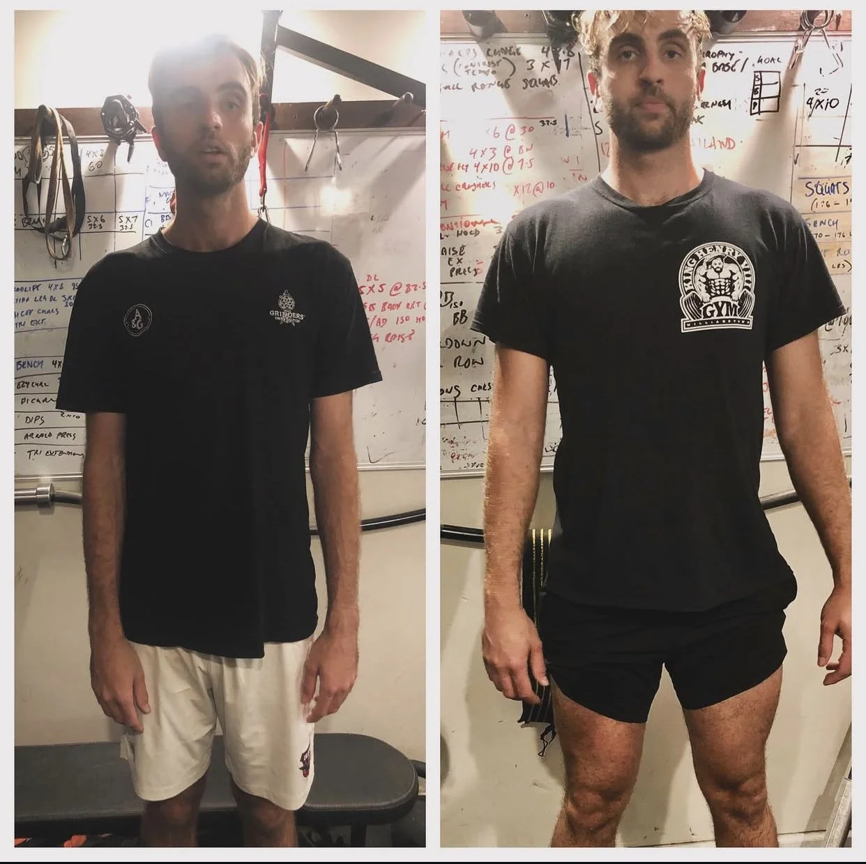 A side-by-side comparison of a man before and after a fitness transformation, standing in front of a whiteboard filled with handwritten notes and diagrams.