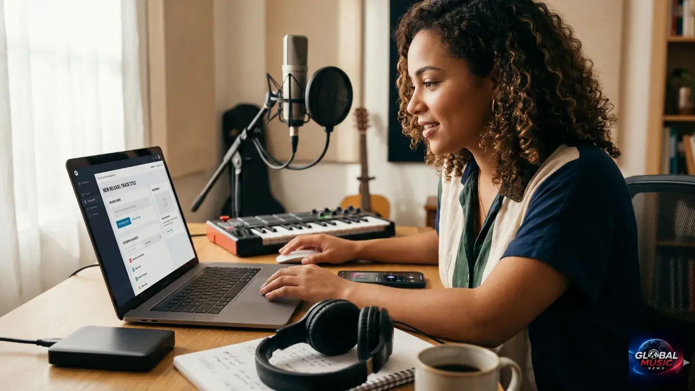 An independent musician in a home studio uploading a track to a digital distribution platform to release music on Spotify.