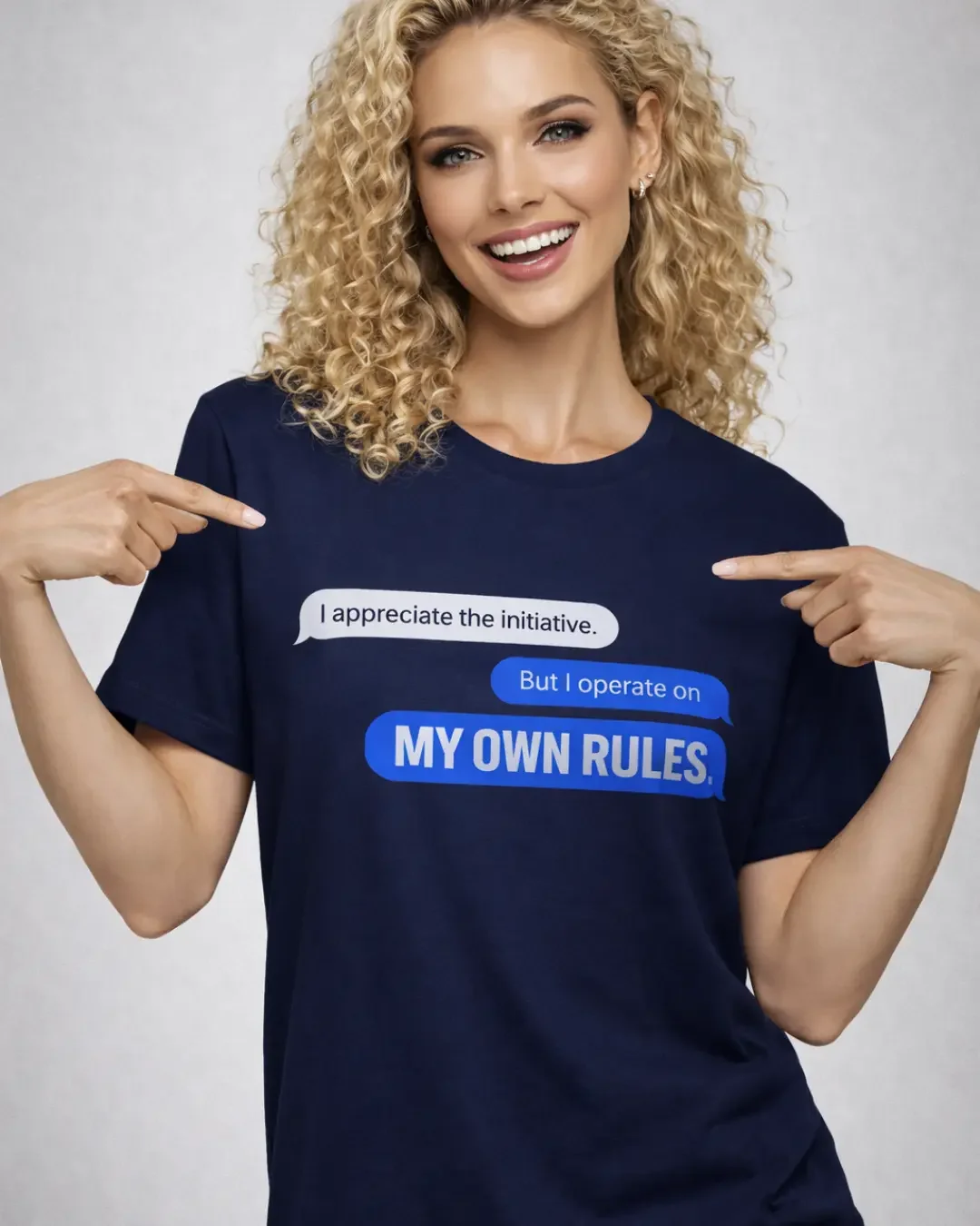 Luna M model wearing “My Own Rules” statement T-shirt, pointing to the text.