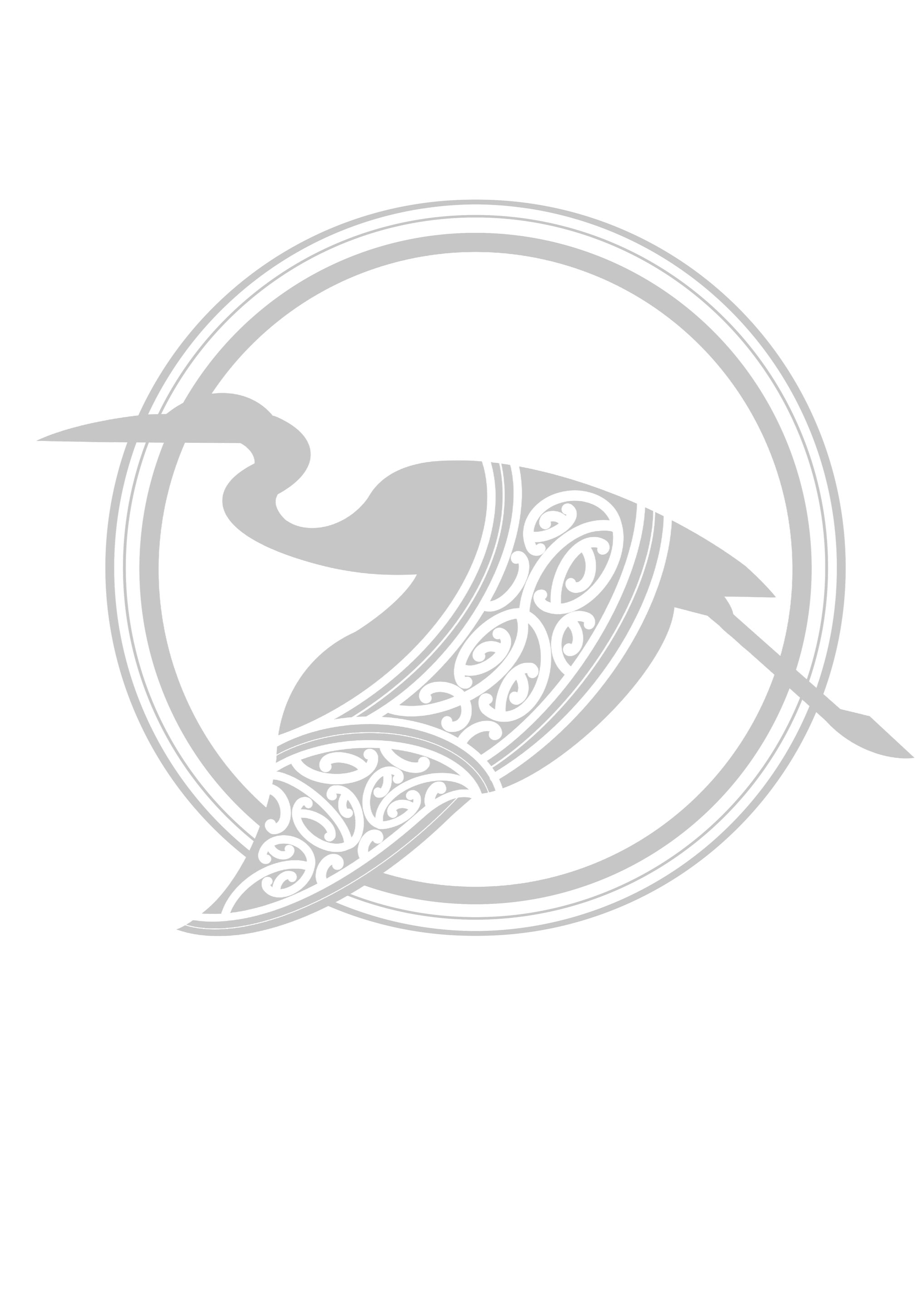 Silhouette of a heron with intricate patterned wings, encircled by a layered circular border, all in black and gray tones.