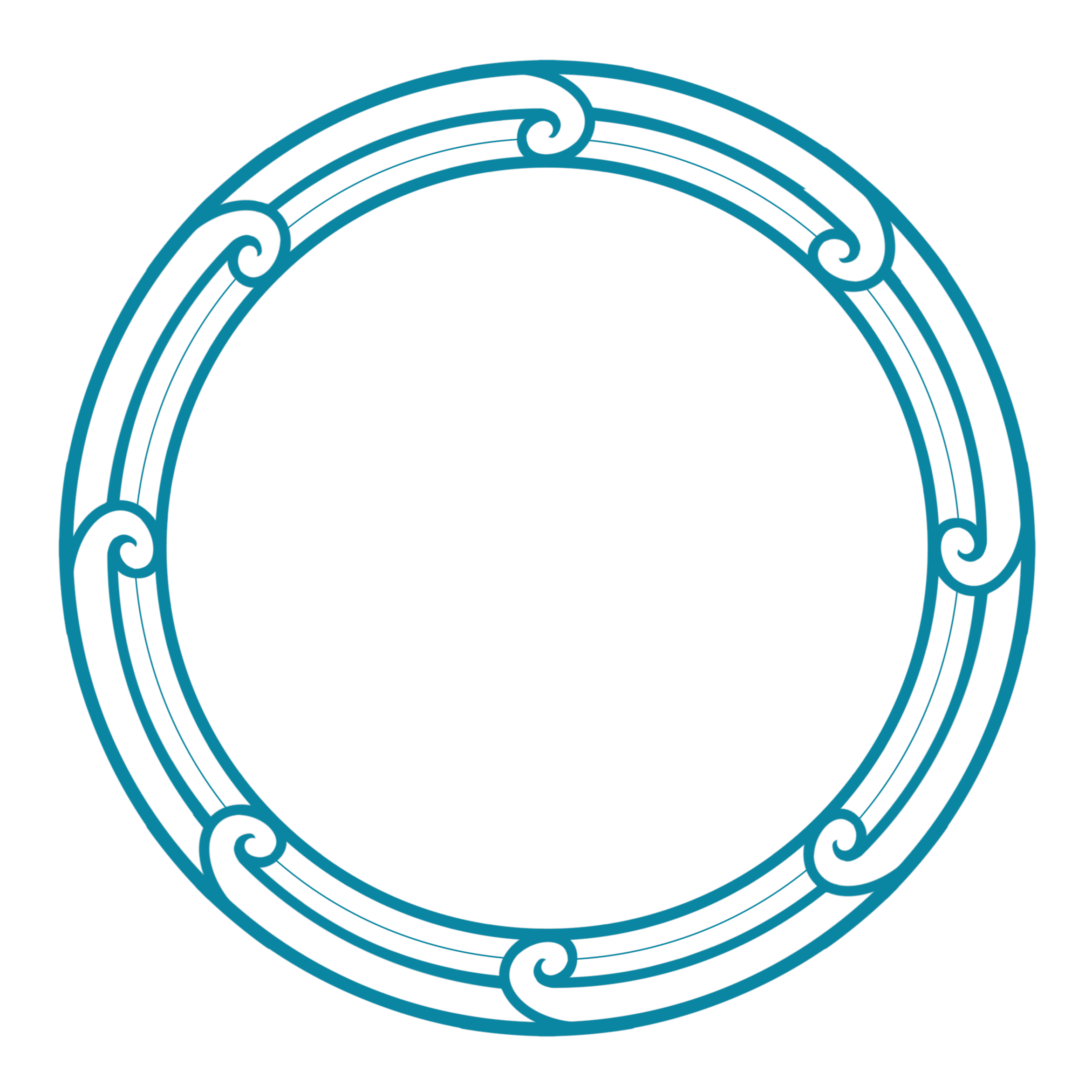 A circular, decorative frame with intricate swirl patterns in blue on a black background.