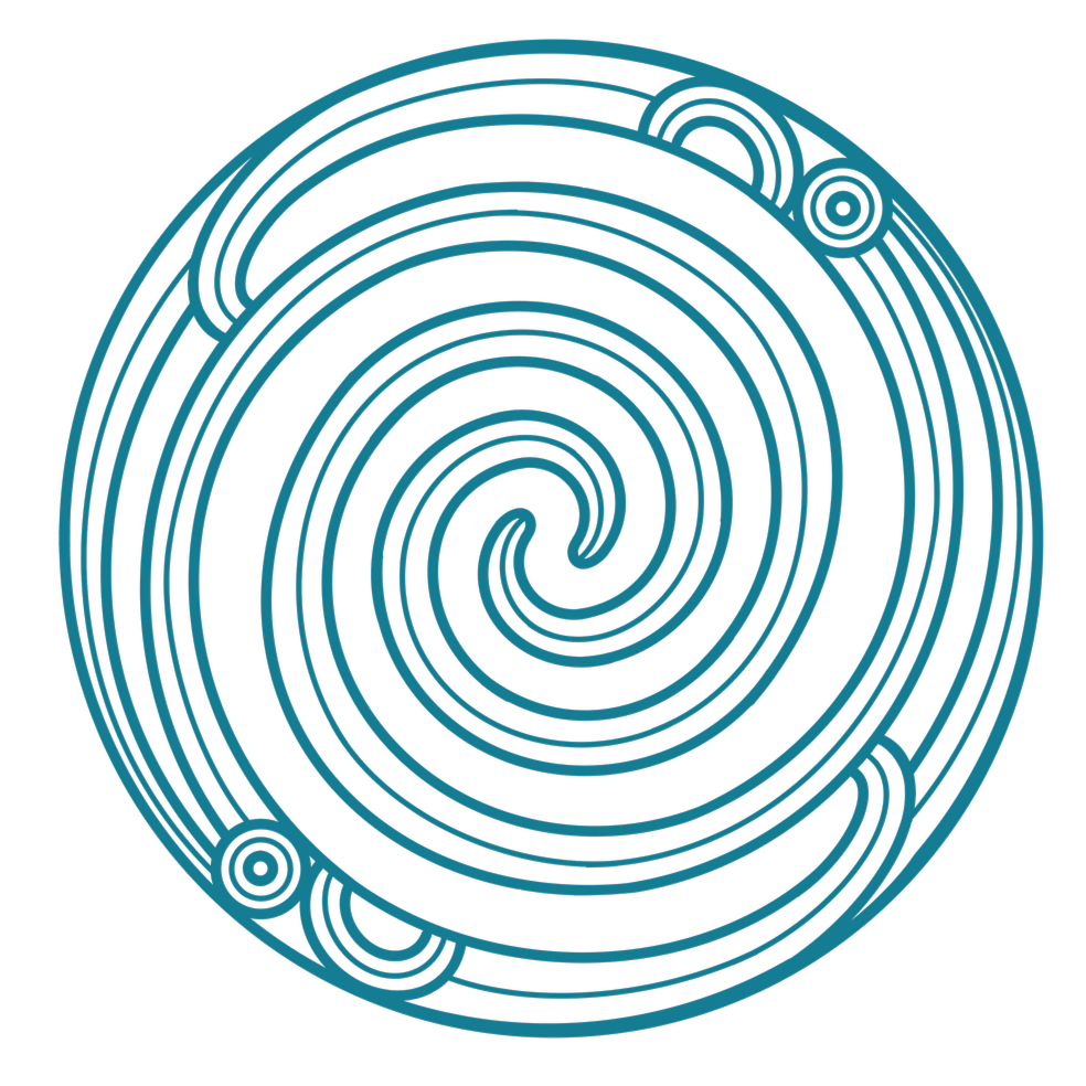 A blue spiral maze with circular pathways on a black background.