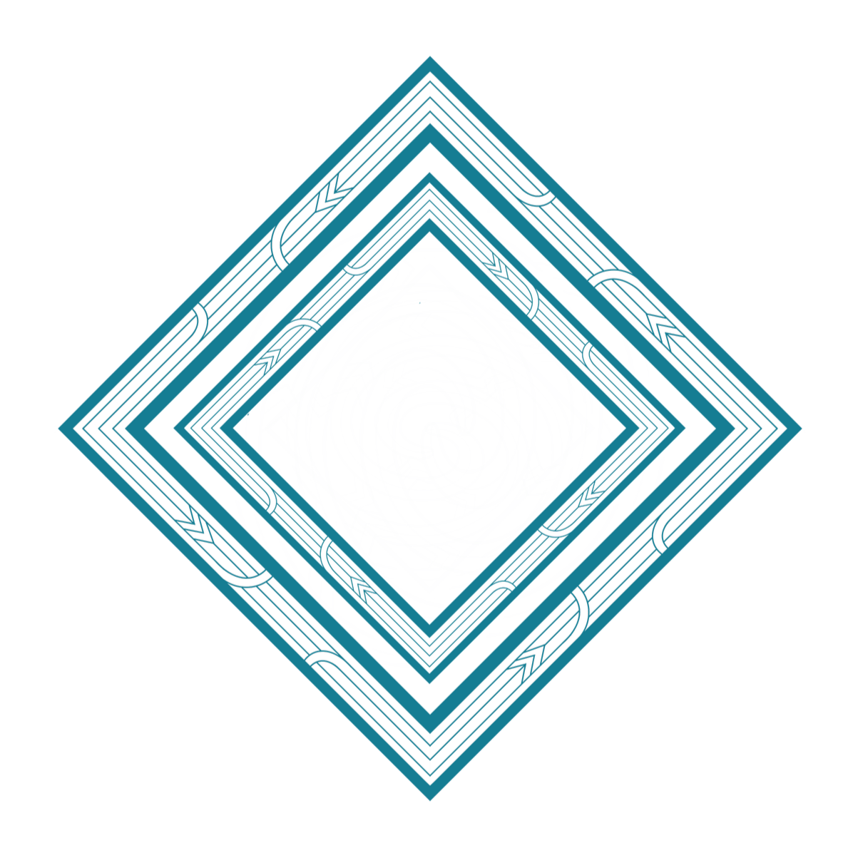 A digital graphic design with a black background featuring a series of nested blue and cyan diamond shapes, with intricate lines and patterns inside, creating a hypnotic, geometric visual effect.
