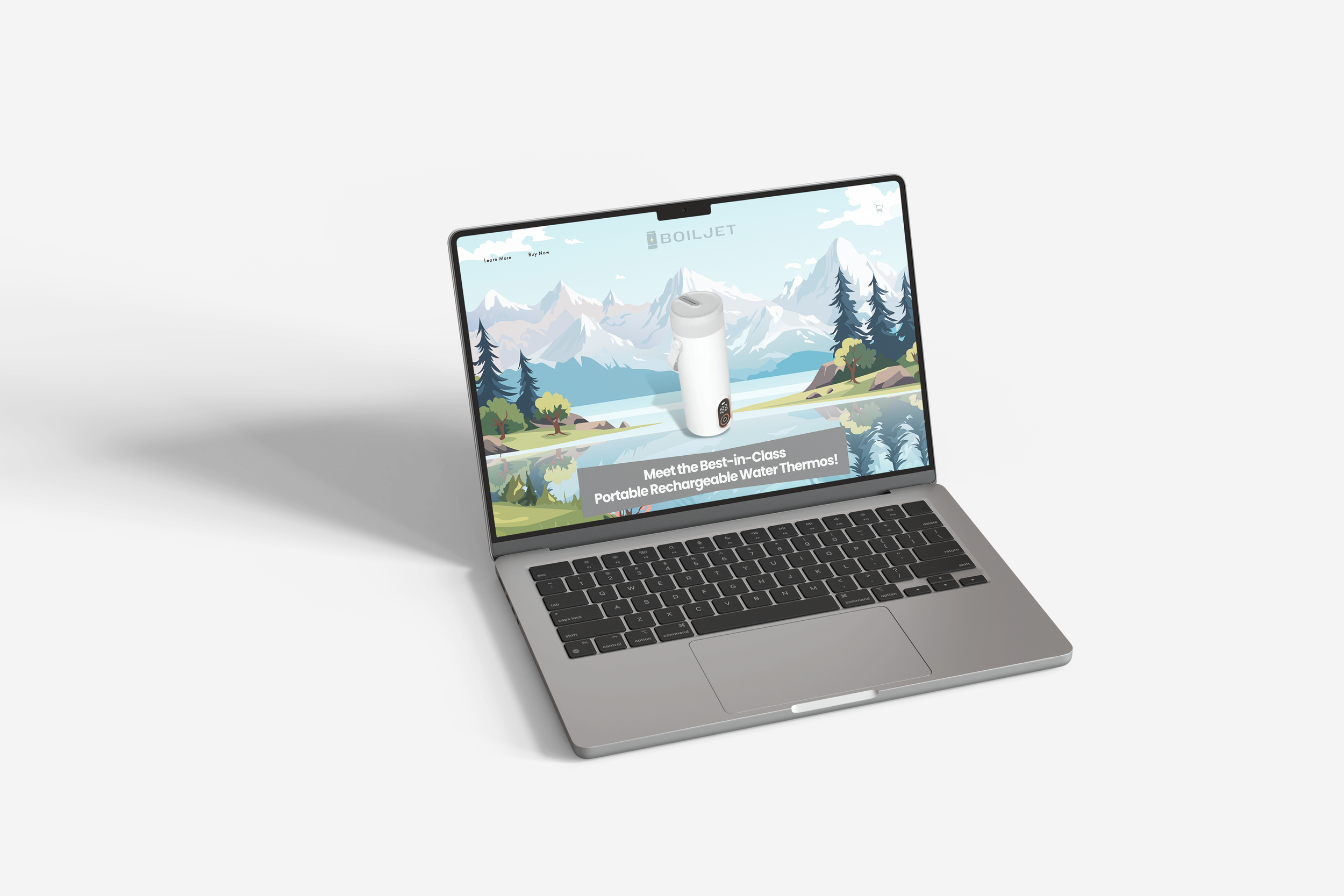 Laptop displaying a website for a portable rechargeable water thermos with a mountain and lake background.