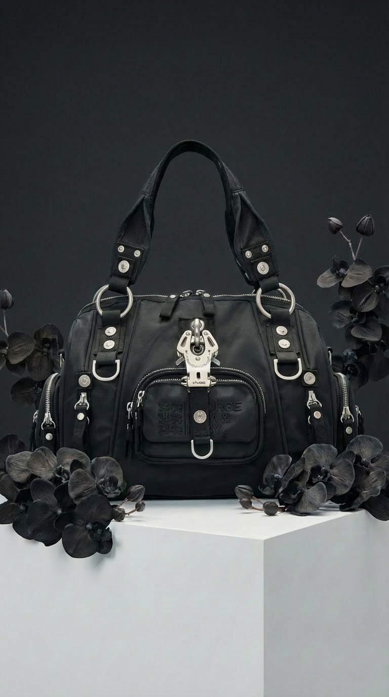 A black designer handbag with metal hardware and zippers, placed on a white pedestal, with black leaves surrounding it against a dark background.