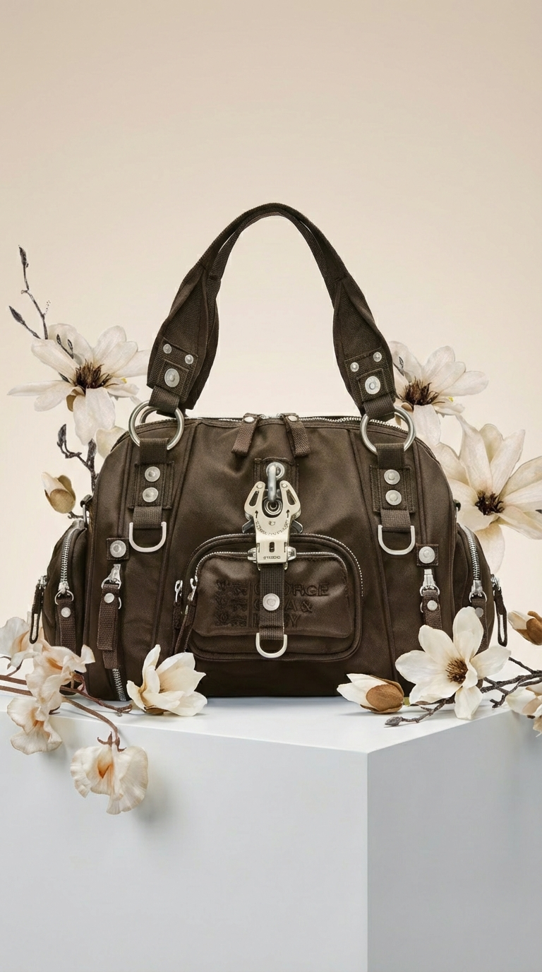 A brown handbag displayed on a white pedestal, surrounded by white magnolia flowers.