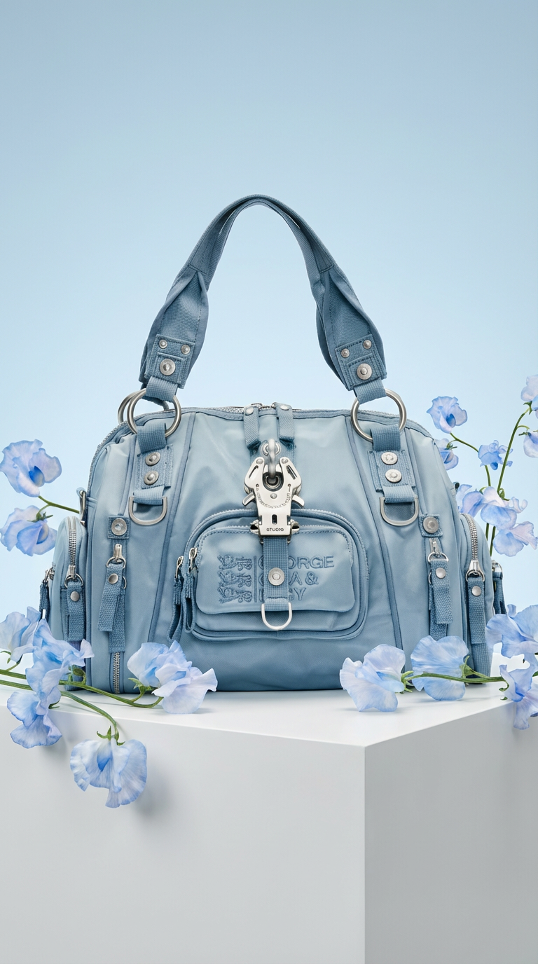 Light blue designer handbag with multiple zipper compartments and metal hardware, displayed on a white platform with blue and purple flowers around it, against a light blue background.